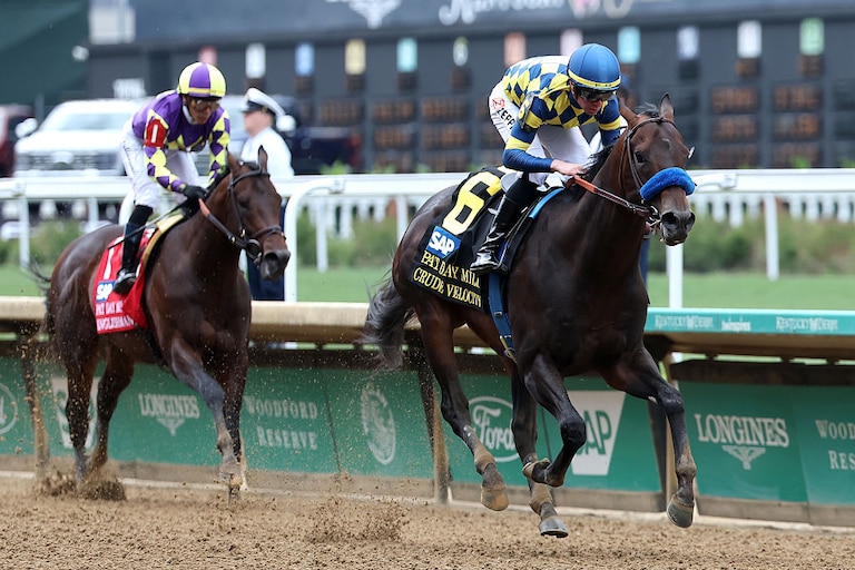 Crude Velocity #6 ridden by Florent Geroux wins the Pat Day Mile.