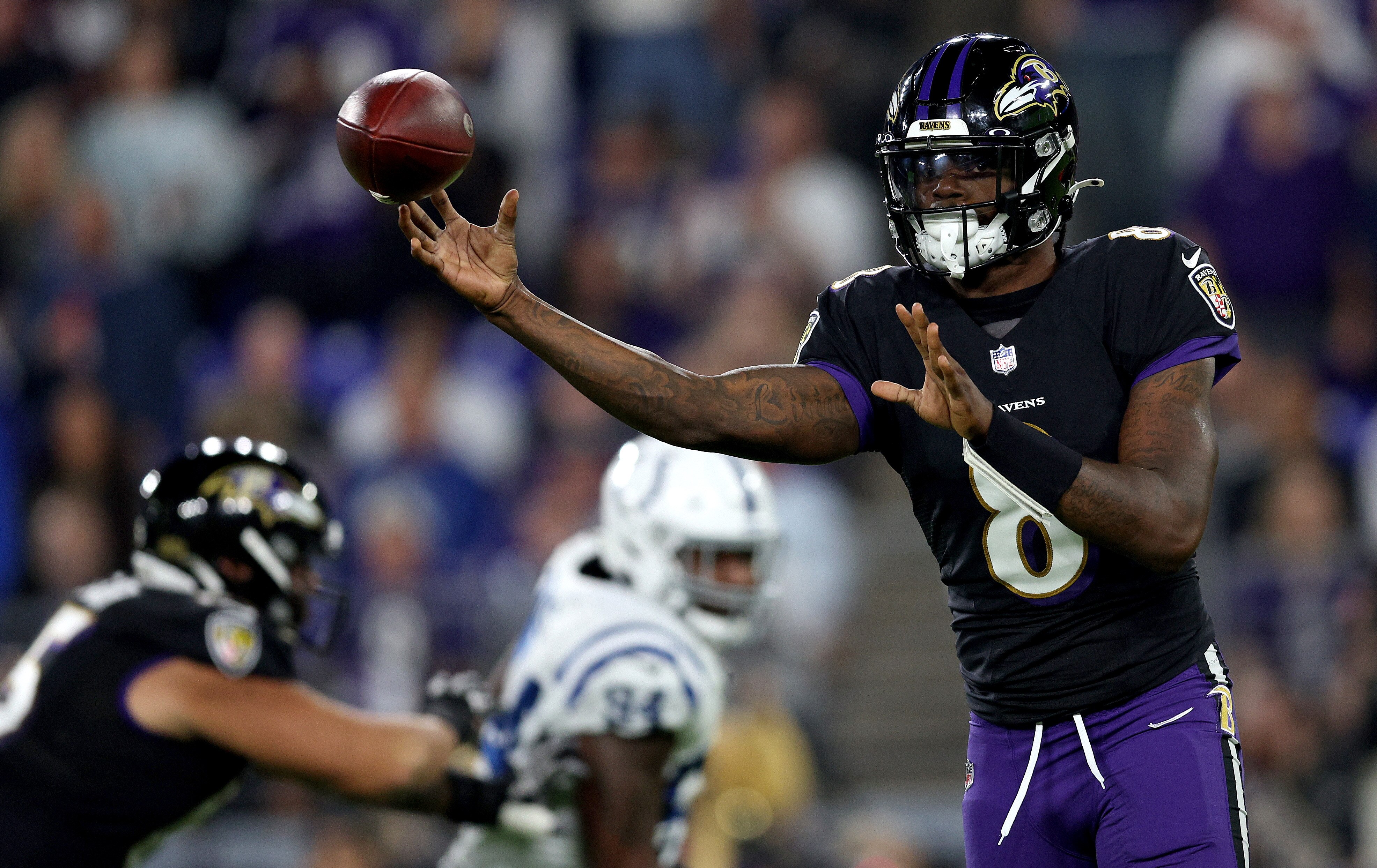 Lamar Jackson, #8 of the Baltimore Ravens, passes during the first quarter in a game against the Indianapolis Colts at M&T Bank Stadium on Oct. 11, 2021 in Baltimore, Maryland.