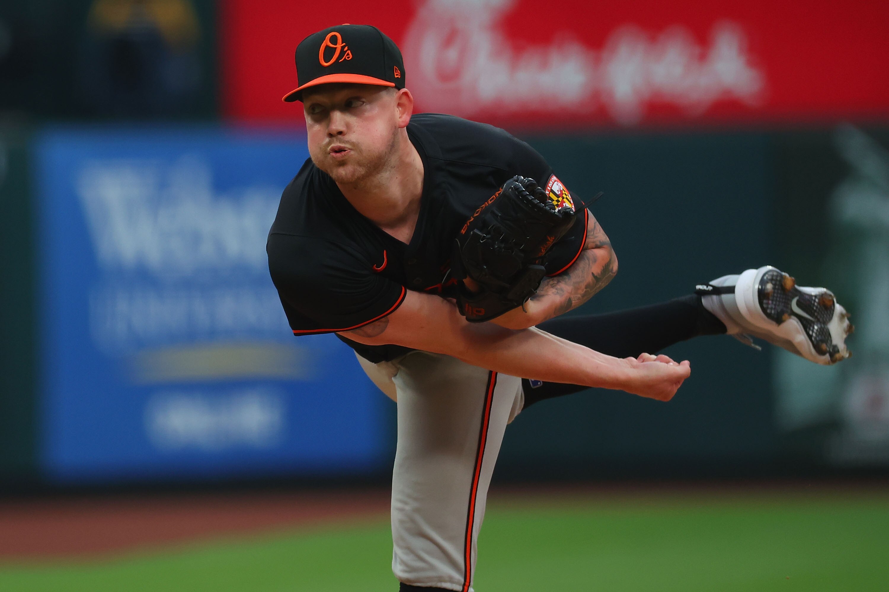 Kyle Bradish of the Baltimore Orioles pitches against the St. Louis Cardinals in the first inning at Busch Stadium on May 21.