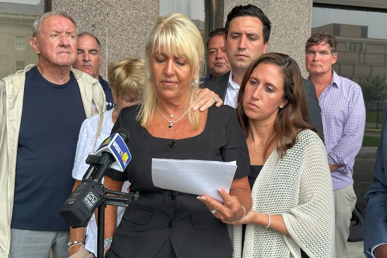 Erika Andersen-Hiler recites part of her victim impact statement, in front of the Towson Circuit Court on Wednesday, Aug. 5, 2026, condemning her brother-in-law, Anthony Lechner, for fatally stabbing his wife, Kimberly Lechner last year. Andersen-Hiler said her sister’s family objects to a Baltimore County judge ruling that Lechner is not criminally responsible for his wife’s murder because of mental illness.