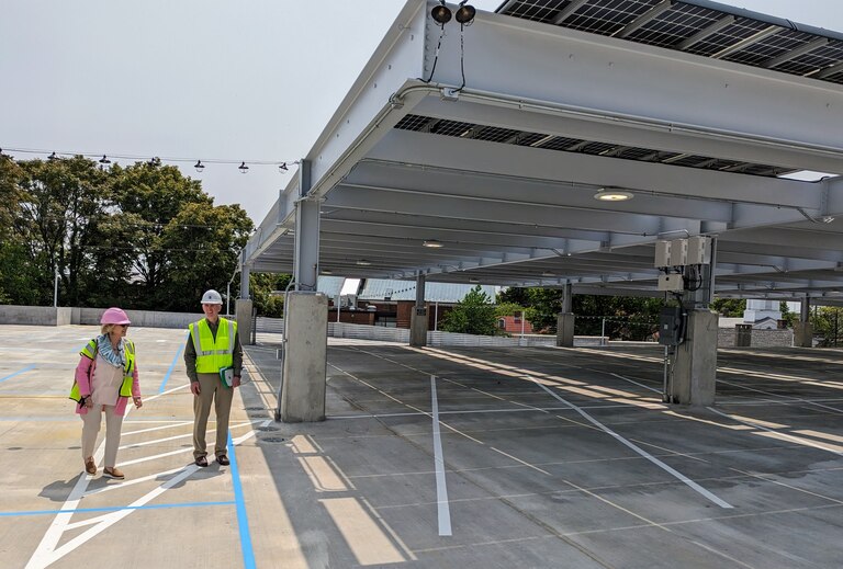 Consultant Eileen Fogarty and Annapolis Public Works Director David Jarrell tour the top deck of the new Hillman garage.