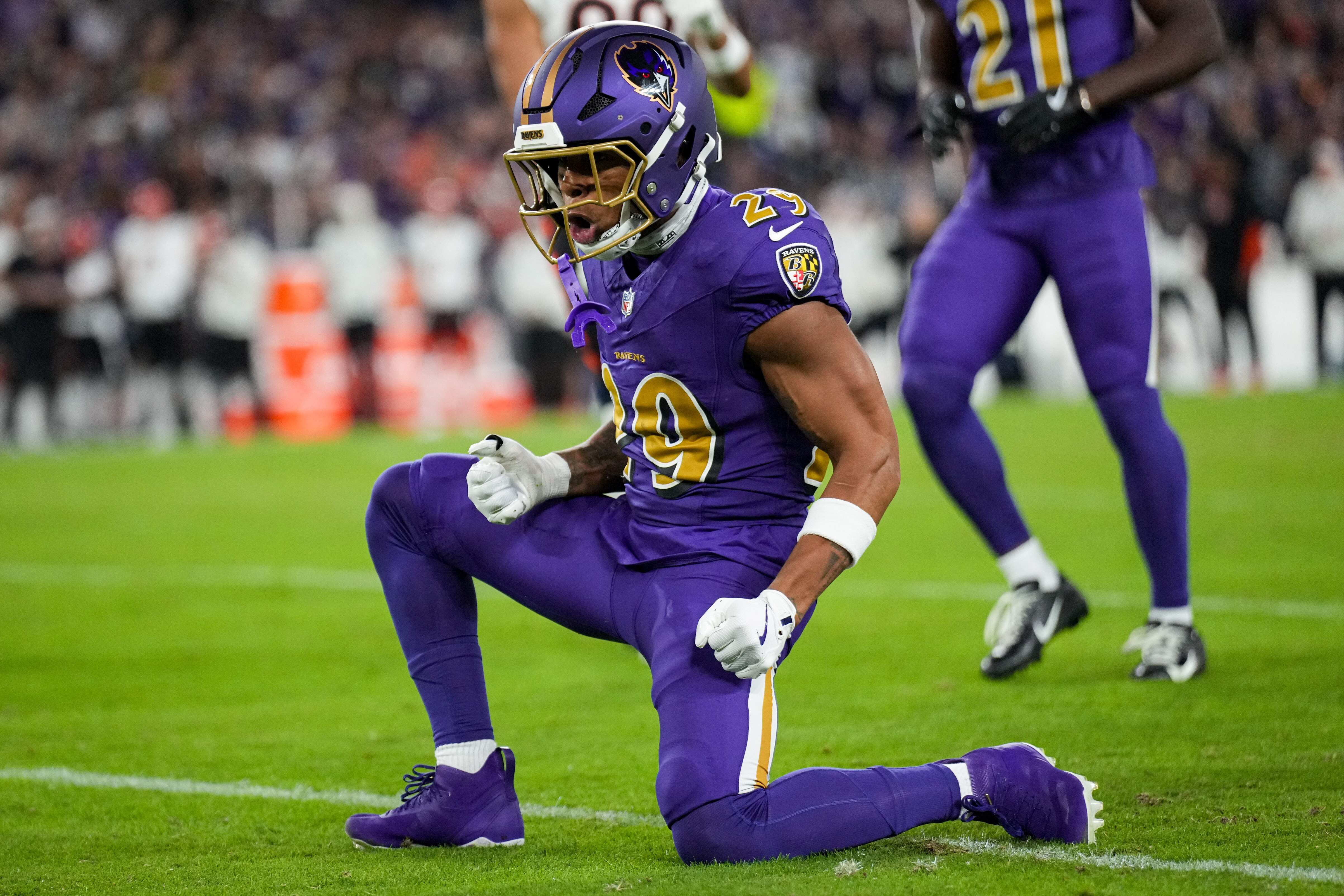 Baltimore Ravens safety Ar'Darius Washington (29) cheers after breaking up a pass during a Thursday Night Football game against the Cincinnati Bengals at M&T Bank Stadium in Baltimore, Md., November 7, 2024.