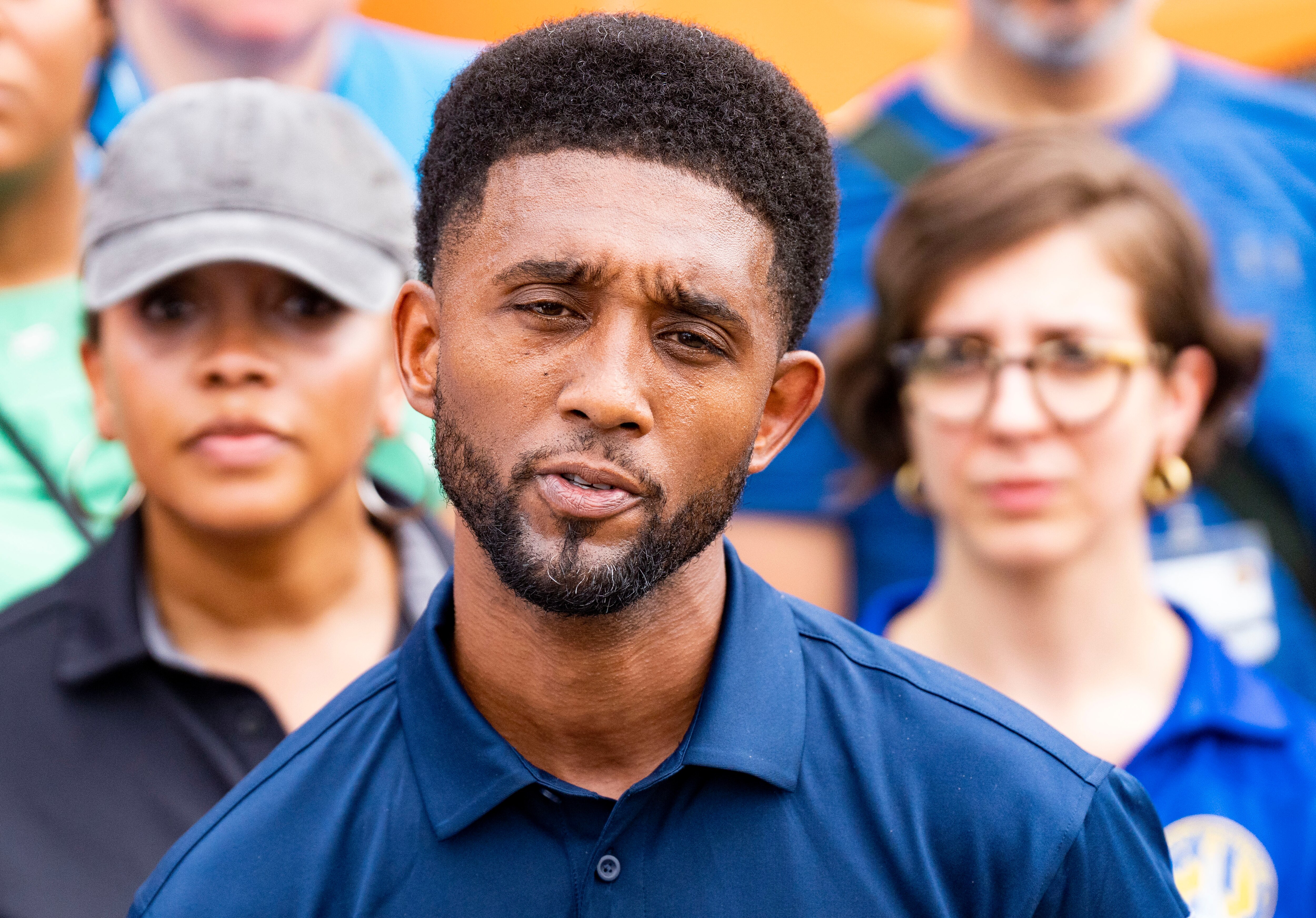 Mayor Brandon Scott speaks at a press conference near Glade Court in Brooklyn after a shooting early Sunday morning, July 2, 2023.