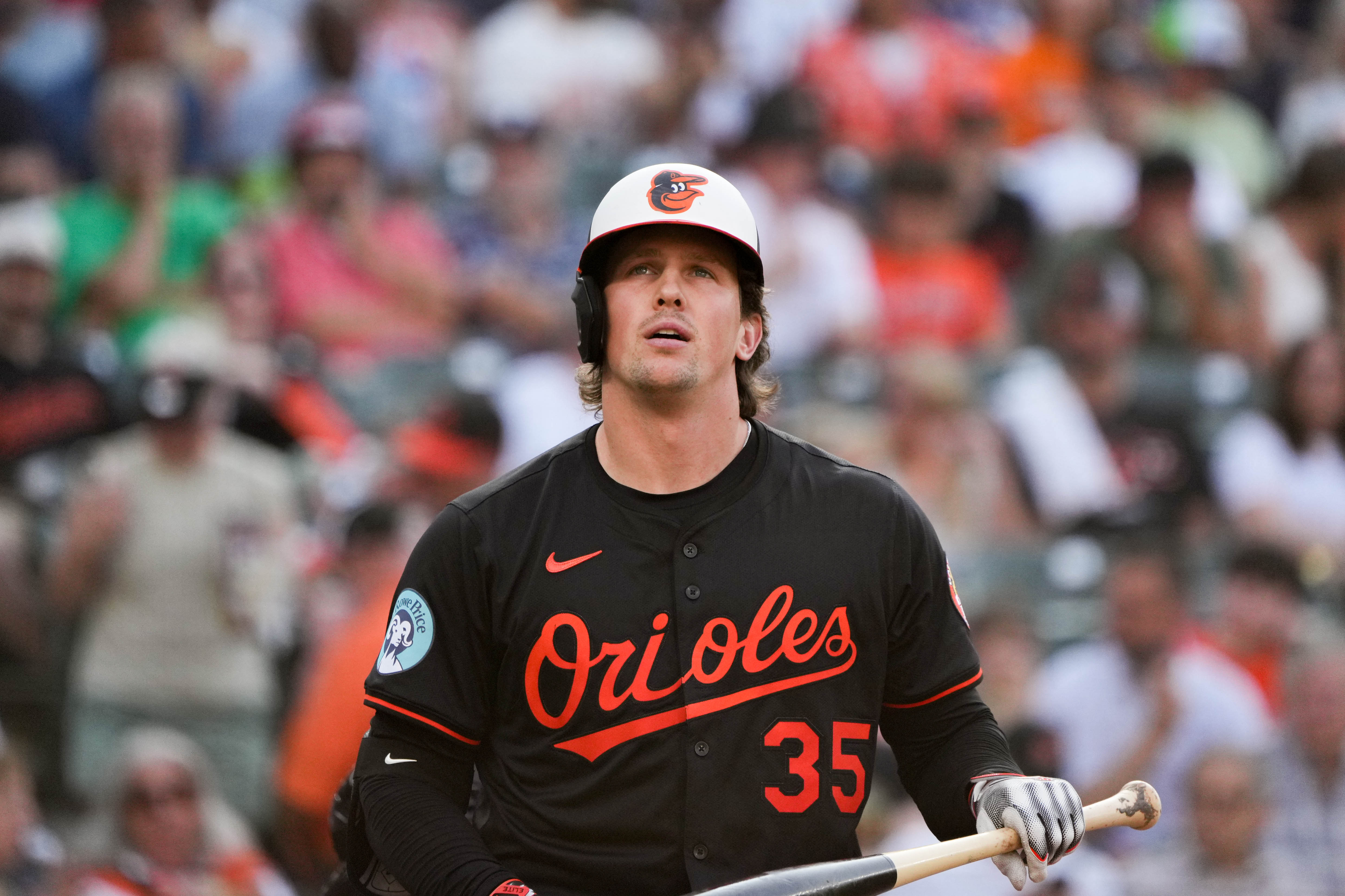 Baltimore Orioles catcher Adley Rutschman (35) returns to the dugout after striking out in a game against the Detroit Tigers at Oriole Park at Camden Yards in Baltimore, Md. on Wednesday, June 11, 2025.