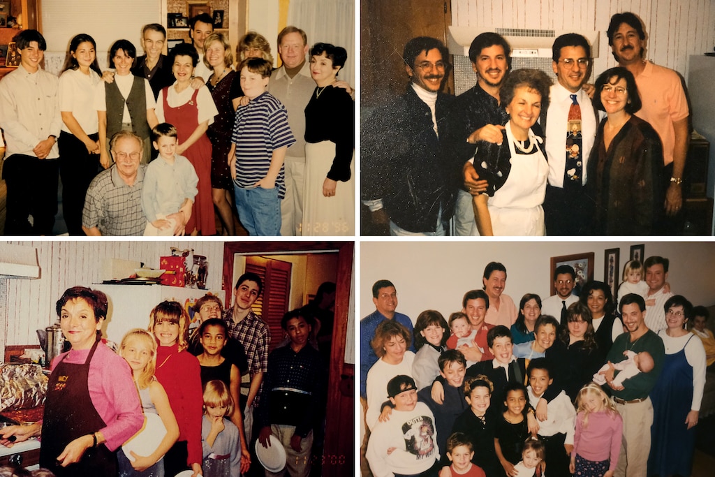 The Dobry family celebrates Thanksgiving over the years. Ginny Dobry with most of her adult children at the top right, wearing a white apron.