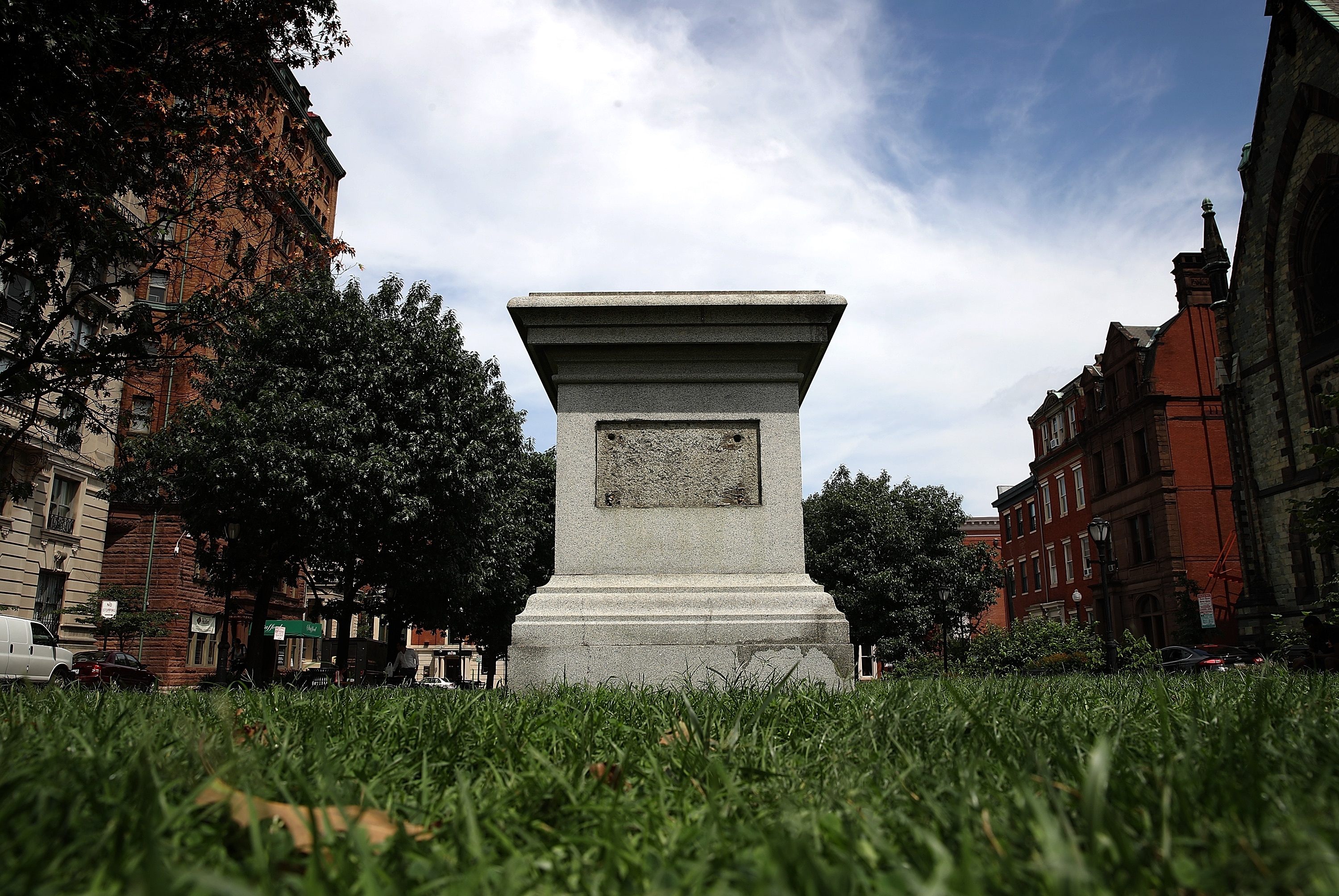 BALTIMORE, MD - AUGUST 16:  The pedestal that was formerly the base for a statue of Roger B. Taney, former Chief Justice of the U.S. Supreme Court and majority author of the Dred Scott decision, stands empty after city workers removed the statue August 16, 2017 in Baltimore, Maryland. The City of Baltimore removed four statues celebrating confederate heroes from city parks overnight, following the weekend's violence in Charlottesville, Virginia.