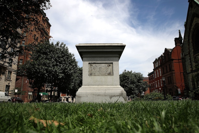 BALTIMORE, MD - AUGUST 16: The pedestal that was formerly the base for a statue of Roger B. Taney, former Chief Justice of the U.S. Supreme Court and majority author of the Dred Scott decision, stands empty after city workers removed the statue August 16, 2017 in Baltimore, Maryland. The City of Baltimore removed four statues celebrating confederate heroes from city parks overnight, following the weekend's violence in Charlottesville, Virginia.