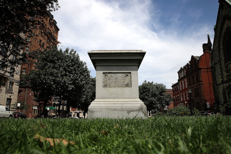 BALTIMORE, MD - AUGUST 16: The pedestal that was formerly the base for a statue of Roger B. Taney, former Chief Justice of the U.S. Supreme Court and majority author of the Dred Scott decision, stands empty after city workers removed the statue August 16, 2017 in Baltimore, Maryland. The City of Baltimore removed four statues celebrating confederate heroes from city parks overnight, following the weekend's violence in Charlottesville, Virginia.