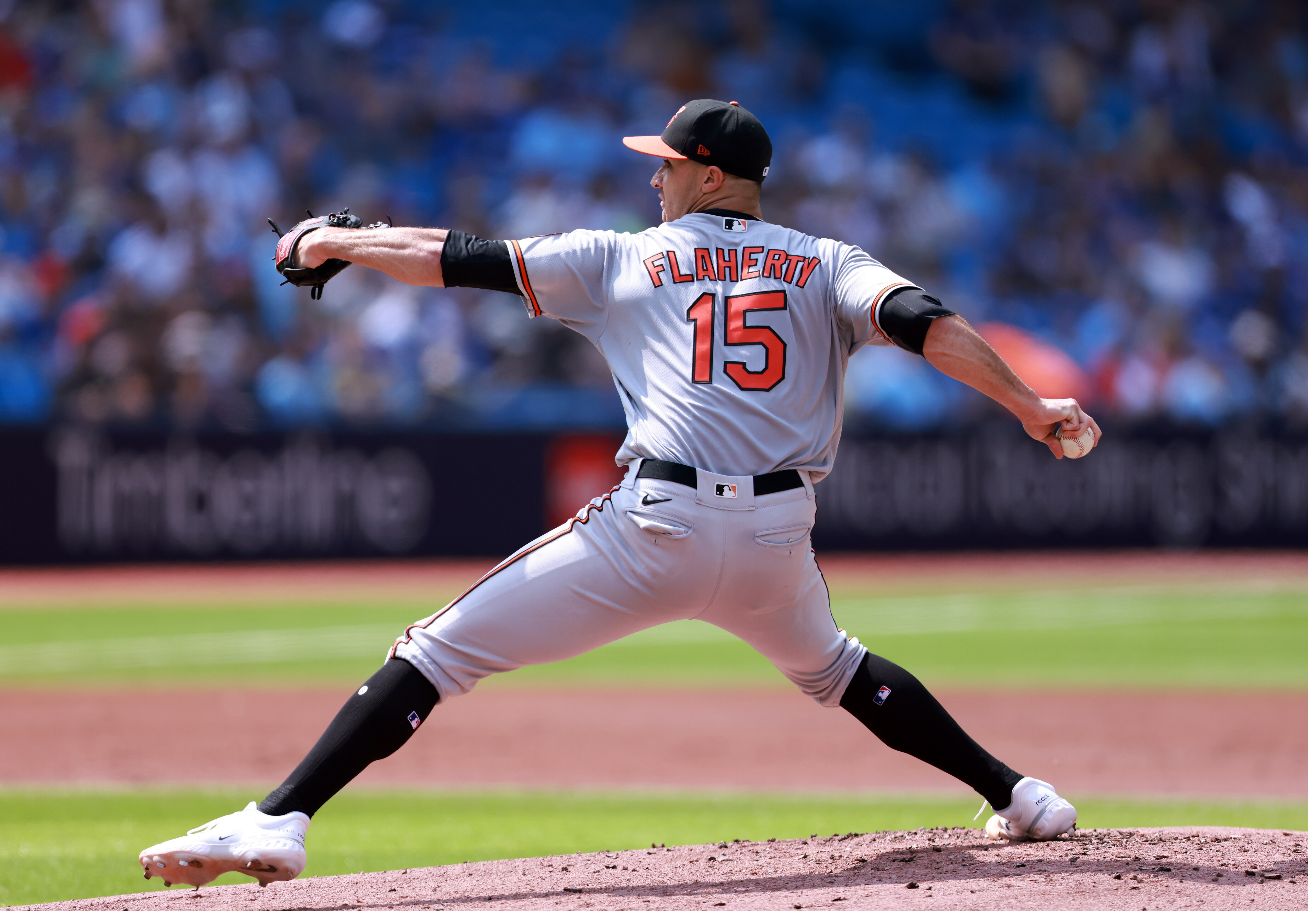 Jack Flaherty struck out eight in six innings while allowing one run on four hits and two walks in his Orioles debut Thursday in Toronto.