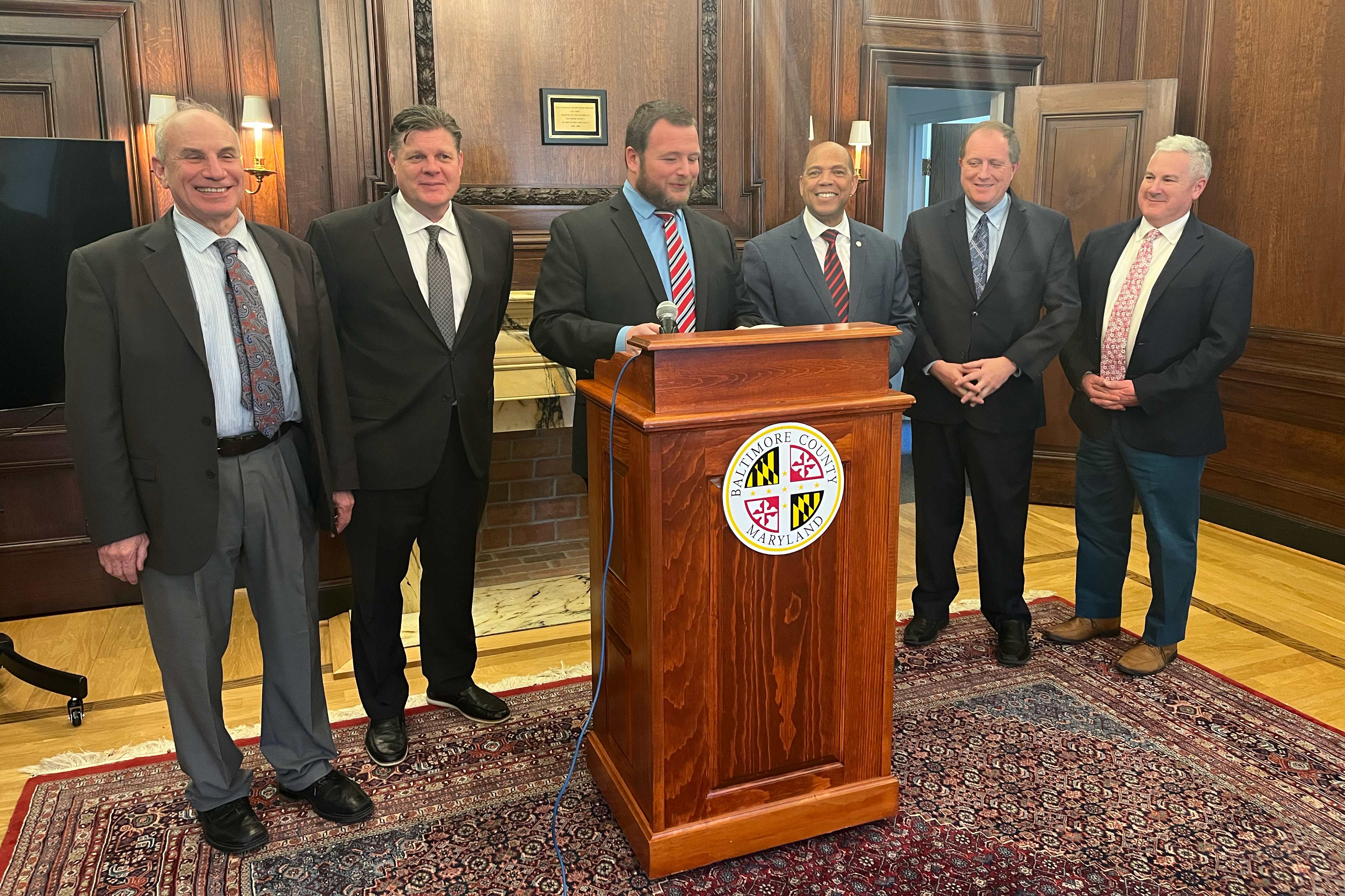 From left to right: Baltimore County Councilman and chair Izzy Patoka, Councilman Todd Crandell, Councilman Pat Young, Councilman Julian Jones, Councilman David Marks and Councilman Mike Ertel.