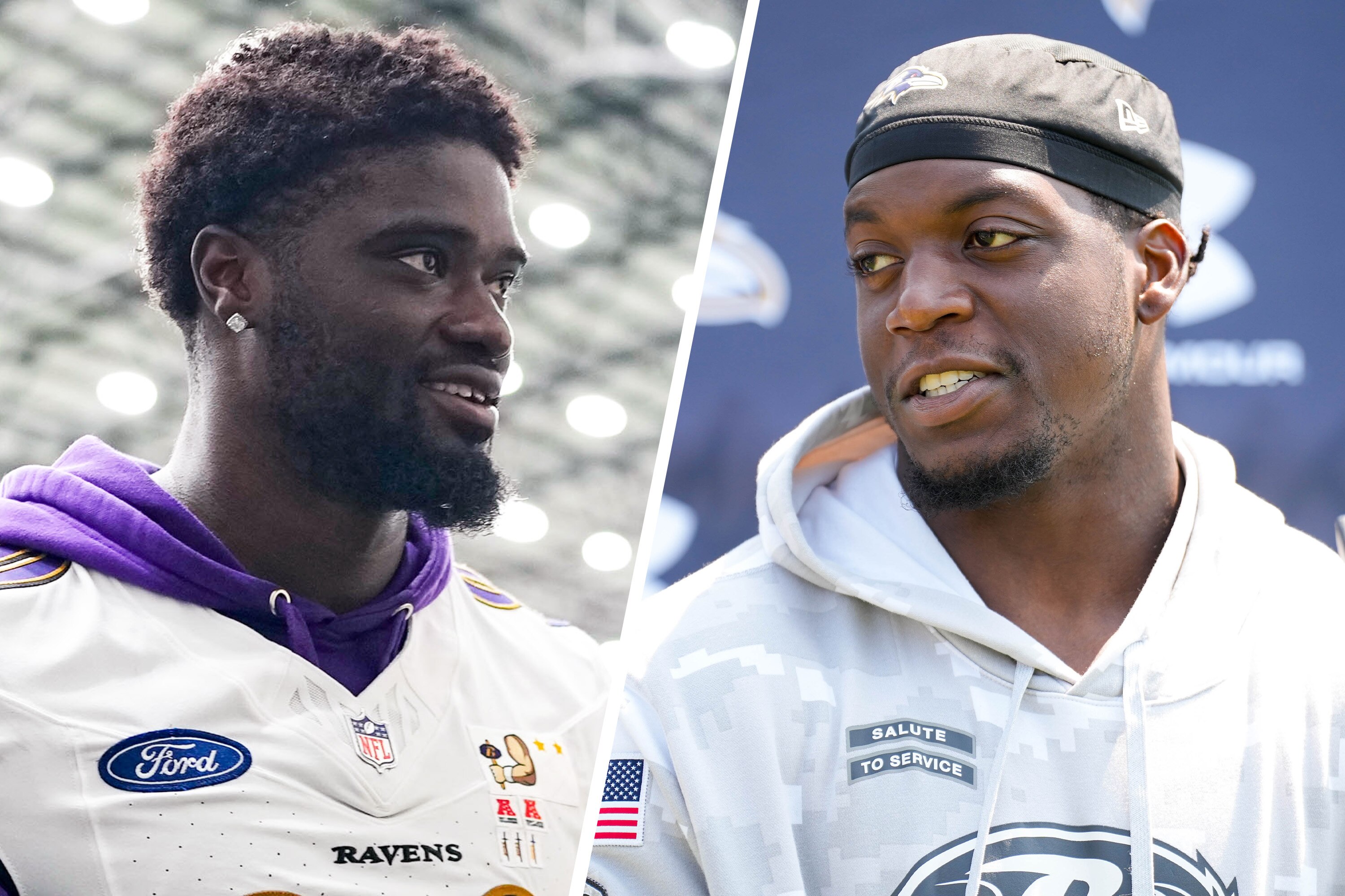 Baltimore Ravens linebackers David Ojabo, left, and Adisa Isaac.