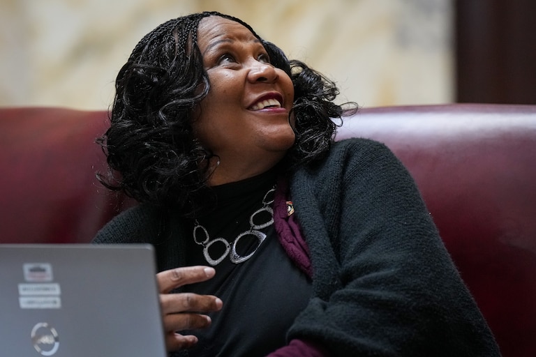 Sen. Melony Griffith, a Prince George’s County Democrat, smiles as she looks at the vote board at the Maryland State House on Monday, March 20, also known as Crossover Day in Annapolis. General Assembly session rules require bills to pass one chamber — either the House of Delegates or the state Senate — by the end of the day on Monday, to ensure the other chamber will consider it.