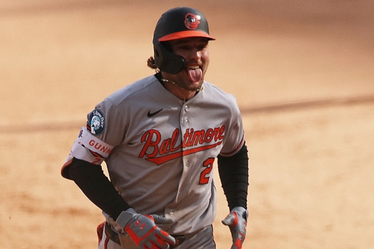 Gunnar Henderson celebrates hitting a two-run home run during the eighth inning.