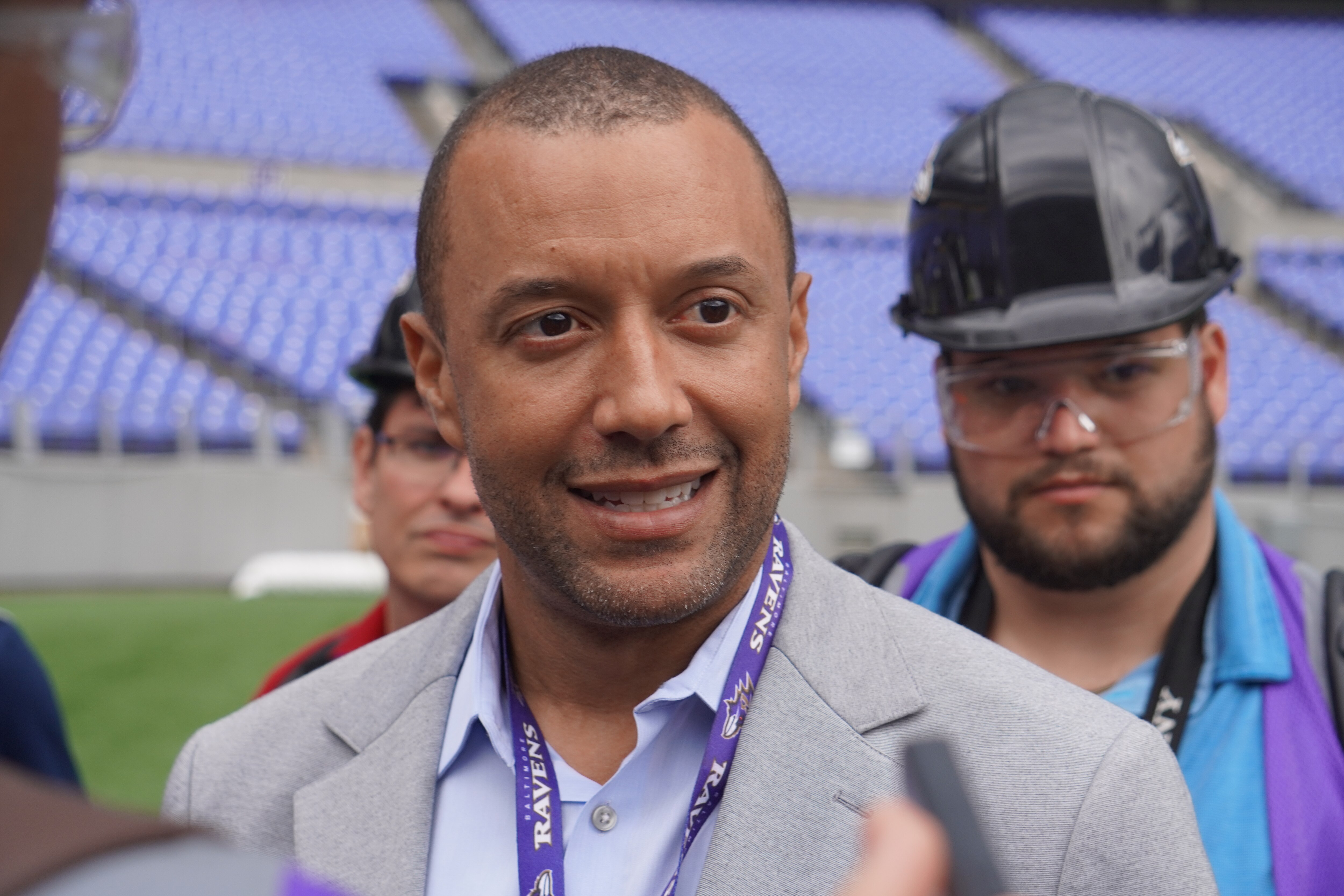 Ravens President Sashi Brown speaks with the media during a tour of the construction at M&T Bank Stadium (May 29, 2024).