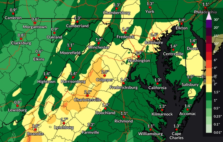 Expected precipitation forecast for Maryland Oct. 10 through Oct. 12.
