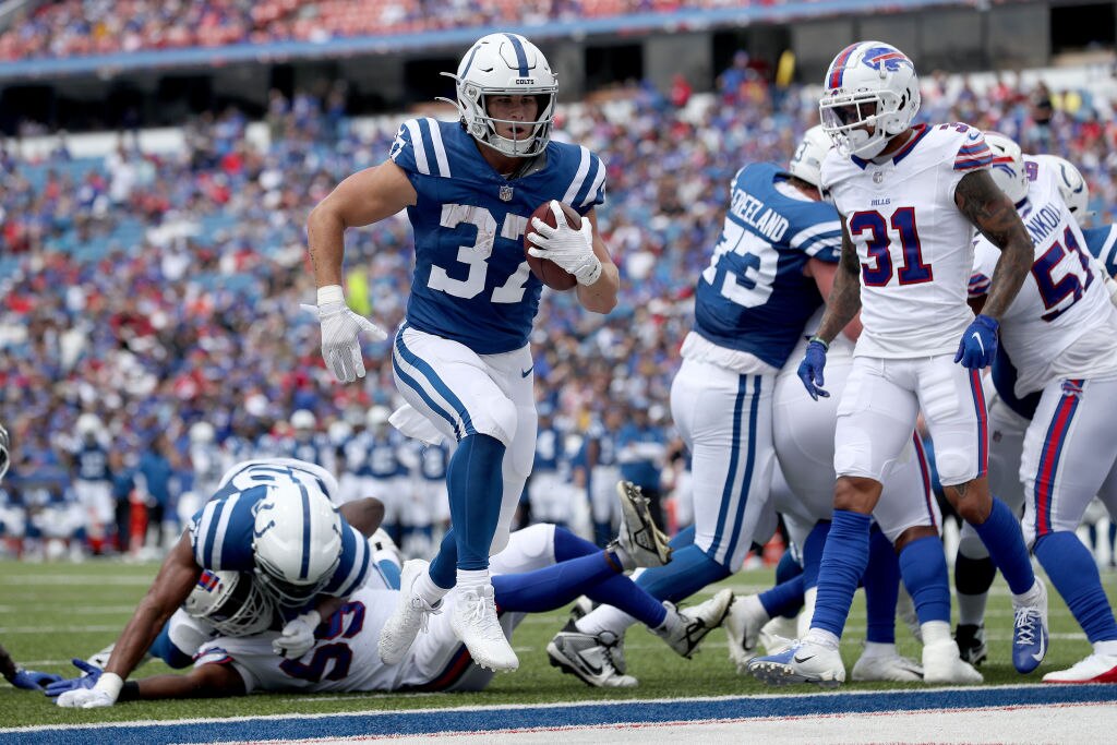 Jake Funk scores a touchdown for the Indianapolis Colts during a preseason game in August.