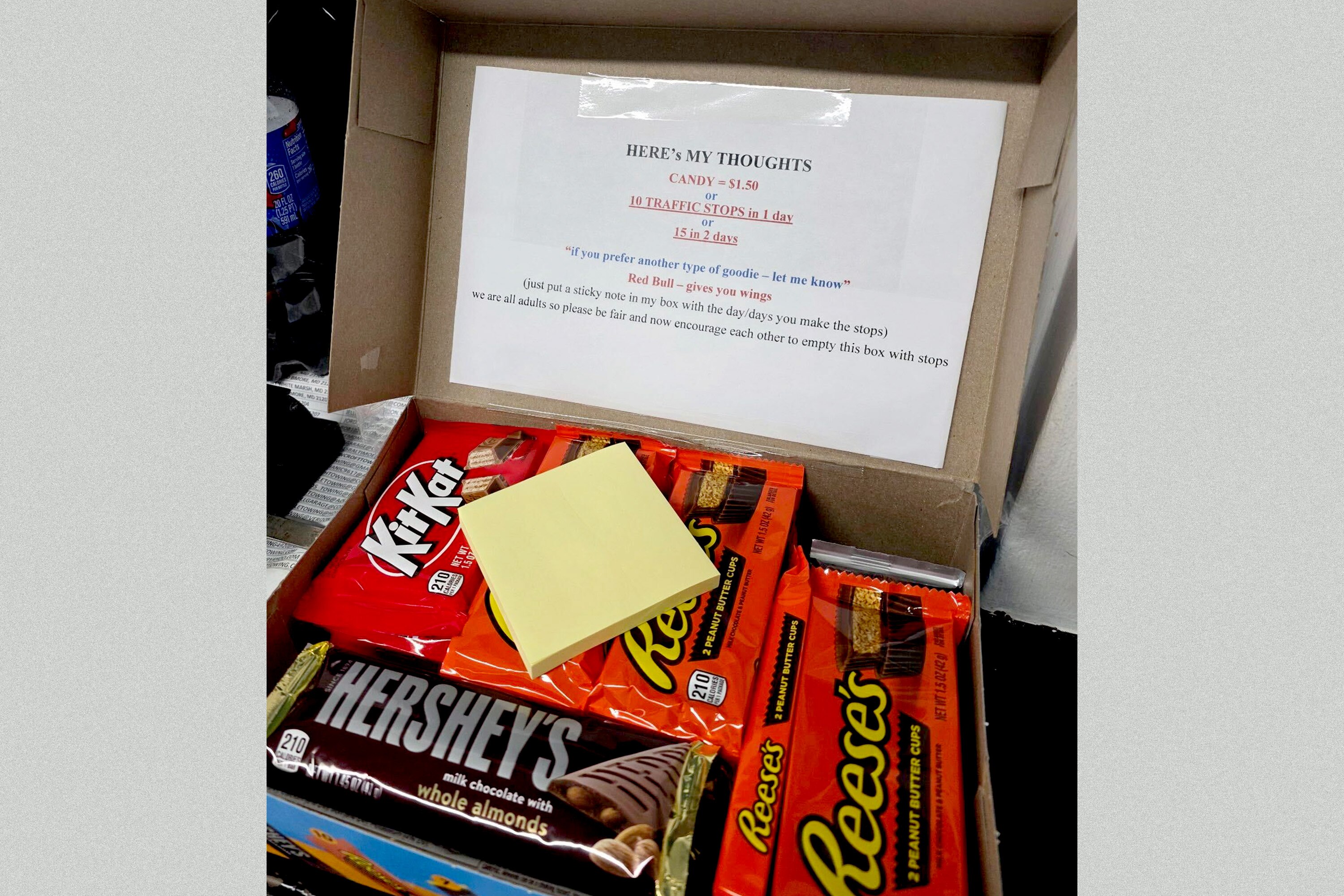 A photo shared by a Maryland State Police trooper who asked for anonymity because they were not authorized to share the image shows a box of candy intended to incentivize traffic stops.