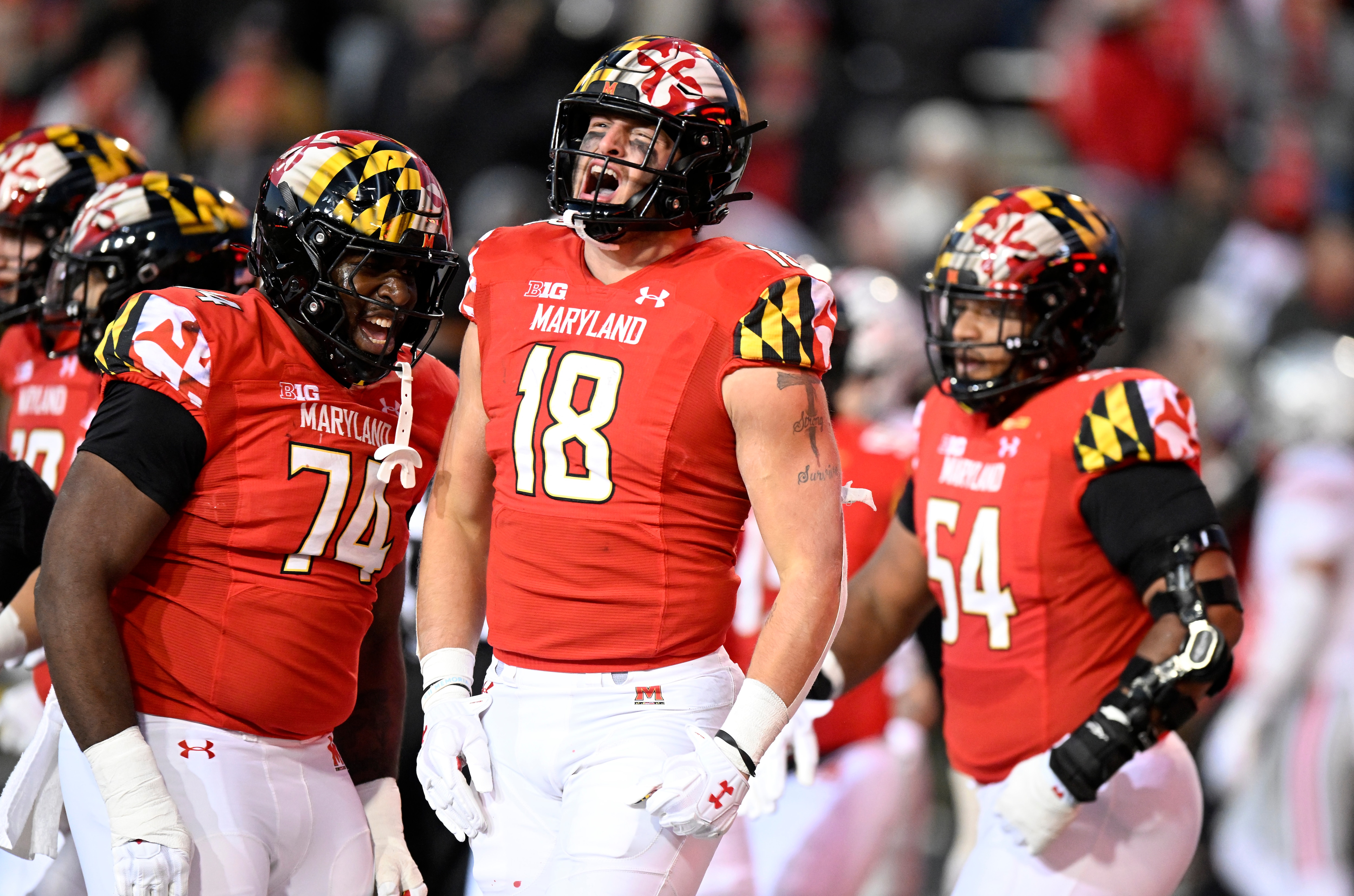 COLLEGE PARK, MARYLAND - NOVEMBER 19: CJ Dippre #18 of the Maryland Terrapins celebrates after scoring a touchdown in the second quarter against the Ohio State Buckeyes at SECU Stadium on November 19, 2022 in College Park, Maryland. (Photo by Greg Fiume/Getty Images)
