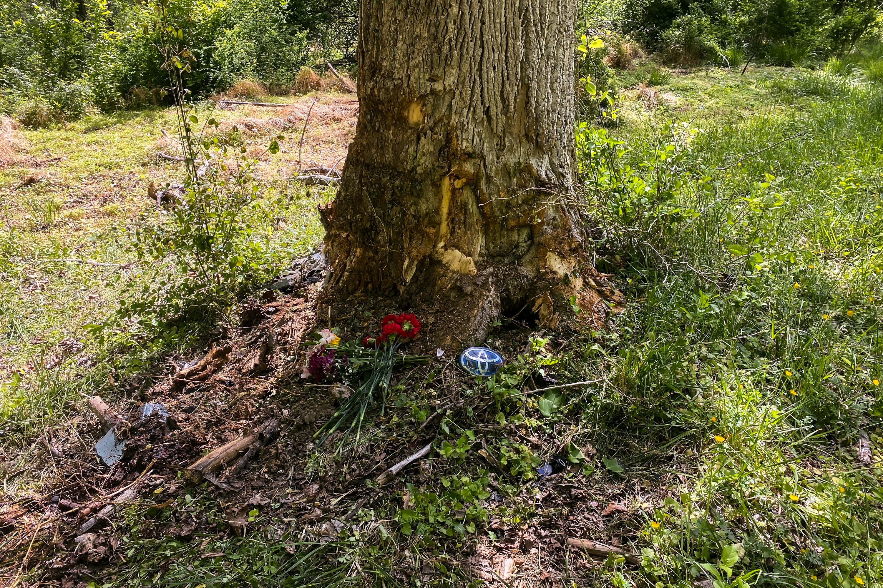 On Sunday, the makeshift memorial at the site of a car crash at the intersection of Poplar Hill Road and Merrymans Mill Road in Cockeysville; car shrapnel and heavy tire marks are still visible near the tree. The crash, which happened on Friday night, left three minors injured and one adult dead.