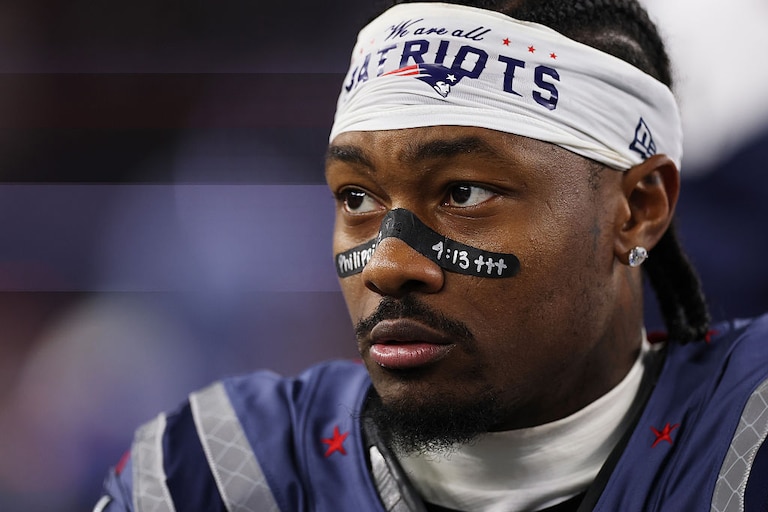 Stefon Diggs #8 of the New England Patriots watches action during a game against the New York Jets at Gillette Stadium on November 13, 2025.