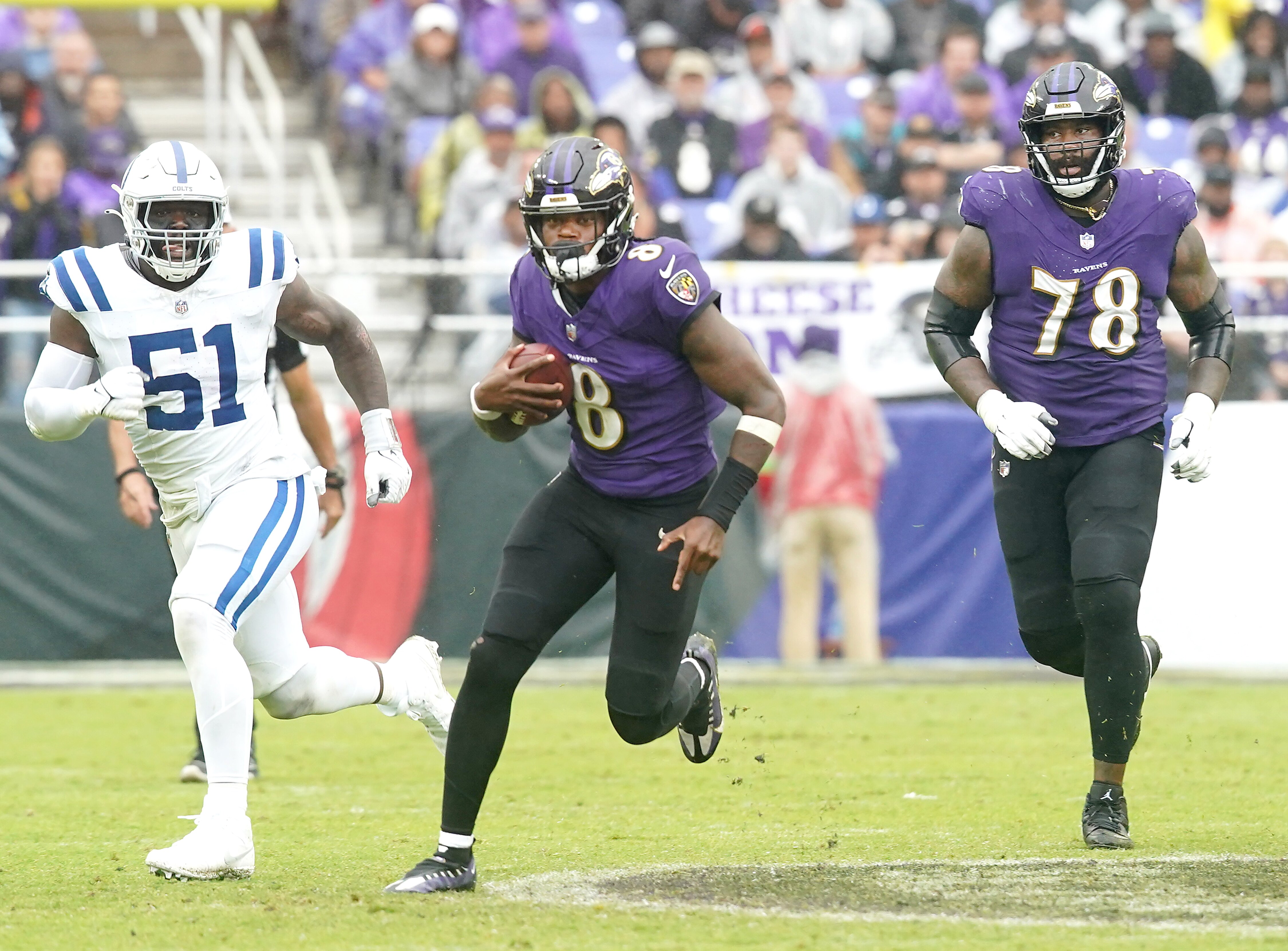 Baltimore Ravens quarterback Lamar Jackson (8) with a running land during a game against the Indianapolis Colts at M&T Bank Stadium on Sunday, Sept. 24, 2023.  Ravens lost the game 22-19 on OT.
