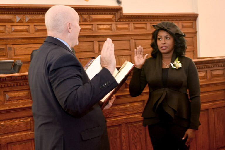 Erica Griswold takes the oath of office as Anne Arundel County register of wills in December 2022. In January, she was indicted on charges that she stole $6,645 intended to cover fees from an estate overseen by her office.
