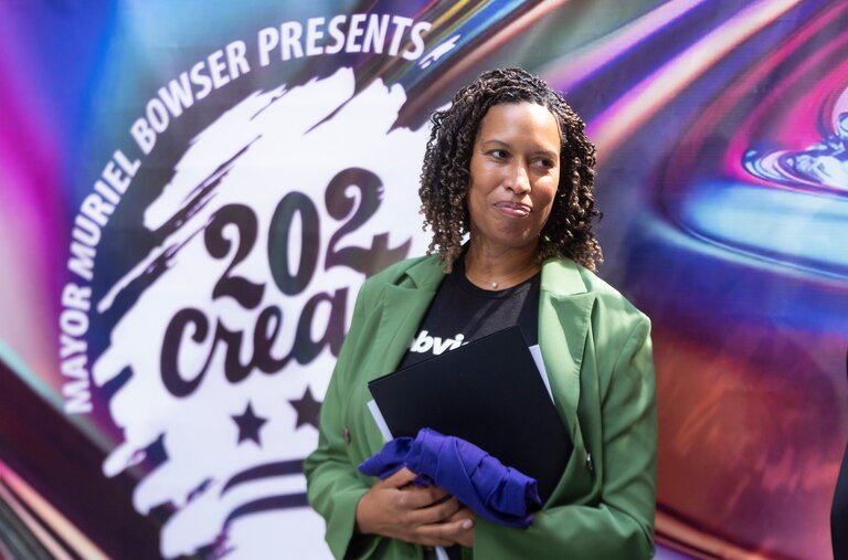 District of Columbia Mayor Muriel Bowser attends the launch of 202Creates Month at the Planet Word Museum, Friday, Aug. 29, 2025, in Washington.