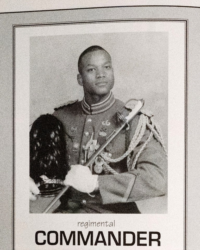 A page from the 1998 Valley Forge Military Academy and College Crossed Sabres yearbook featuring a photograph of Wes Moore at Valley Forge Military Academy and College, in Wayne Pennsylvania, on October 5, 2022.