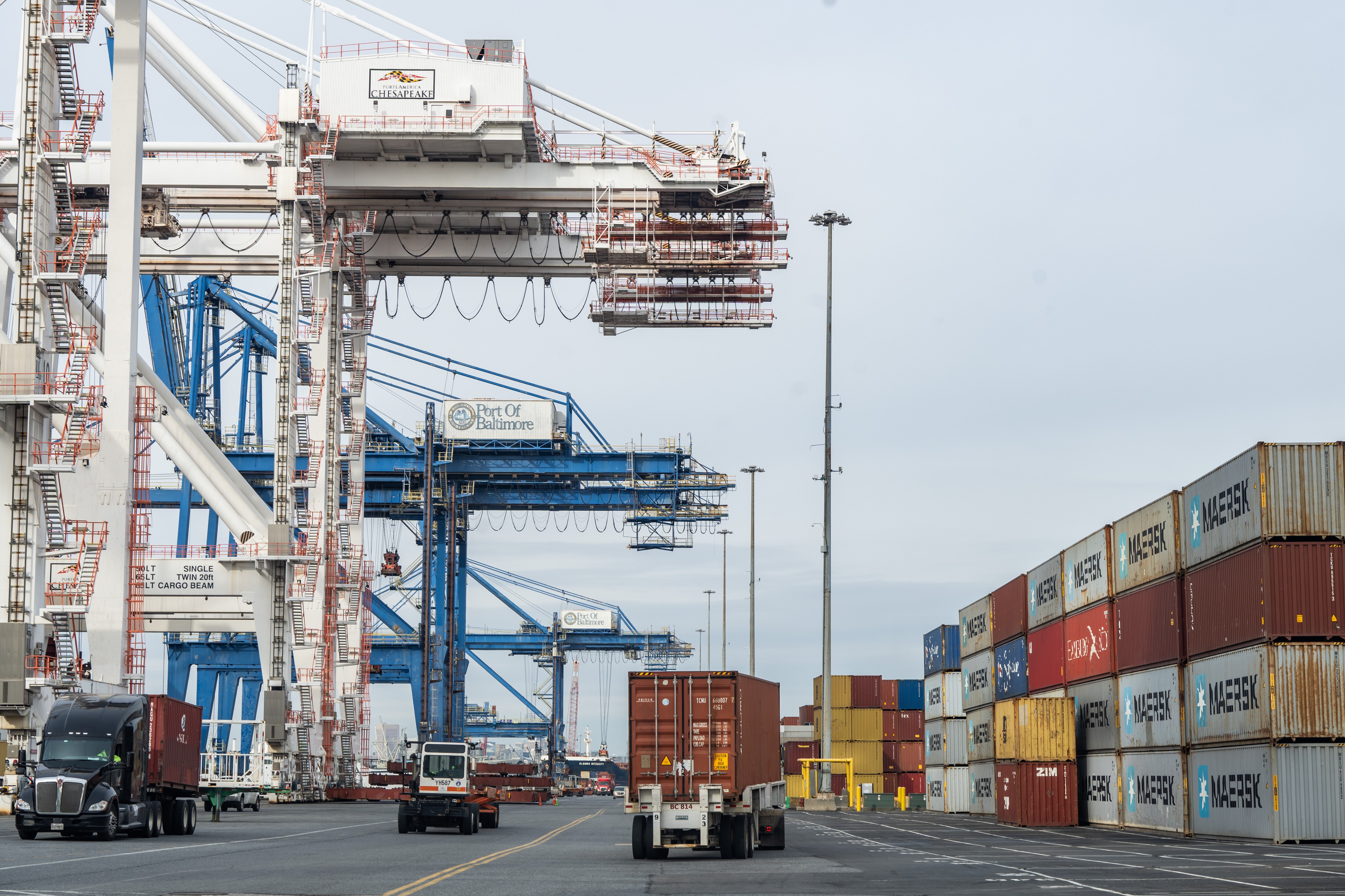 Trucks navigate through the Dundalk Marine Terminal. Cranes line the left side of the frame and shipping containers are stacked on the right.