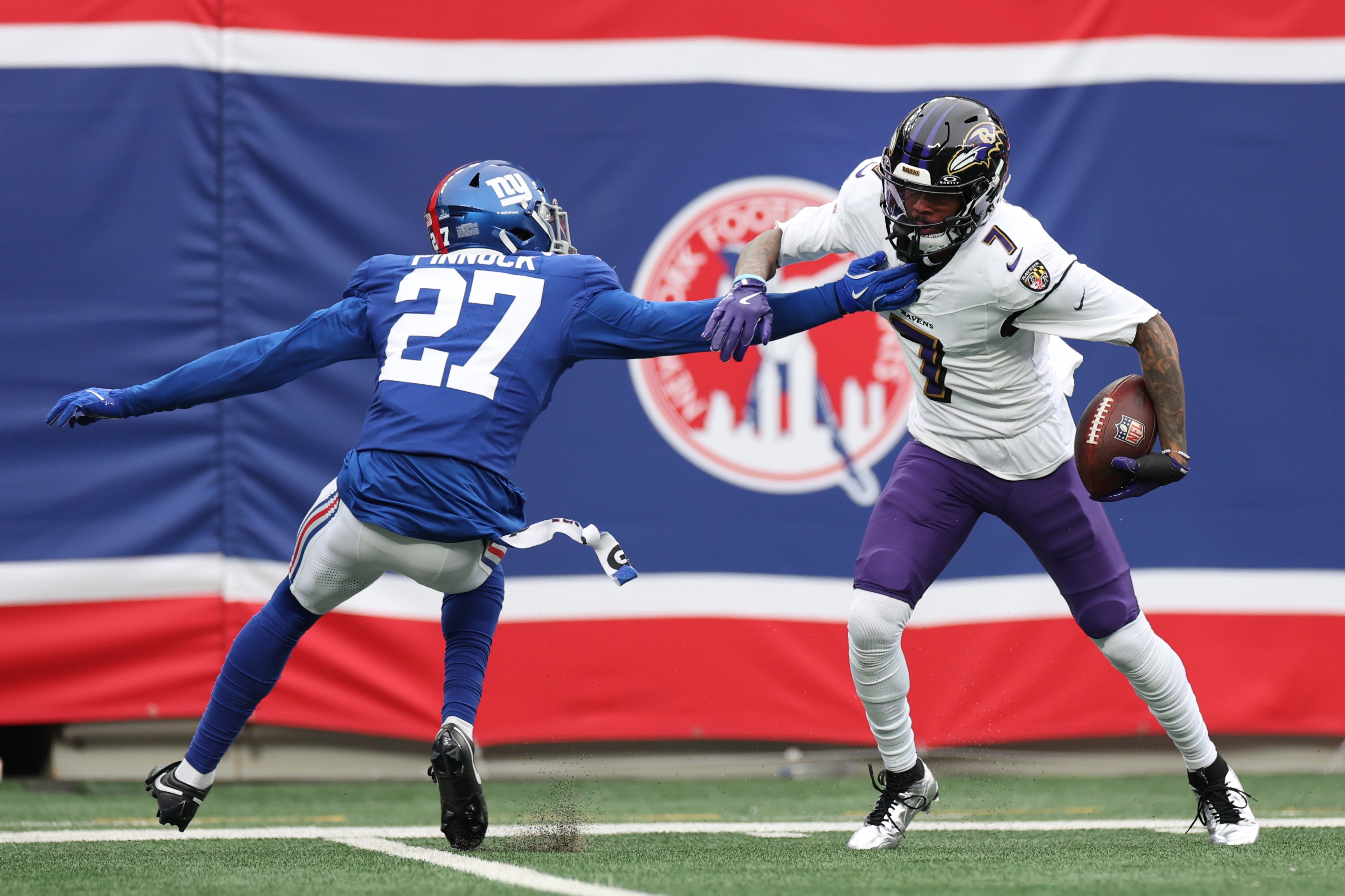 Ravens wide receiver Rashod Bateman scores on a 49-yard pass play during the second quarter Sunday.