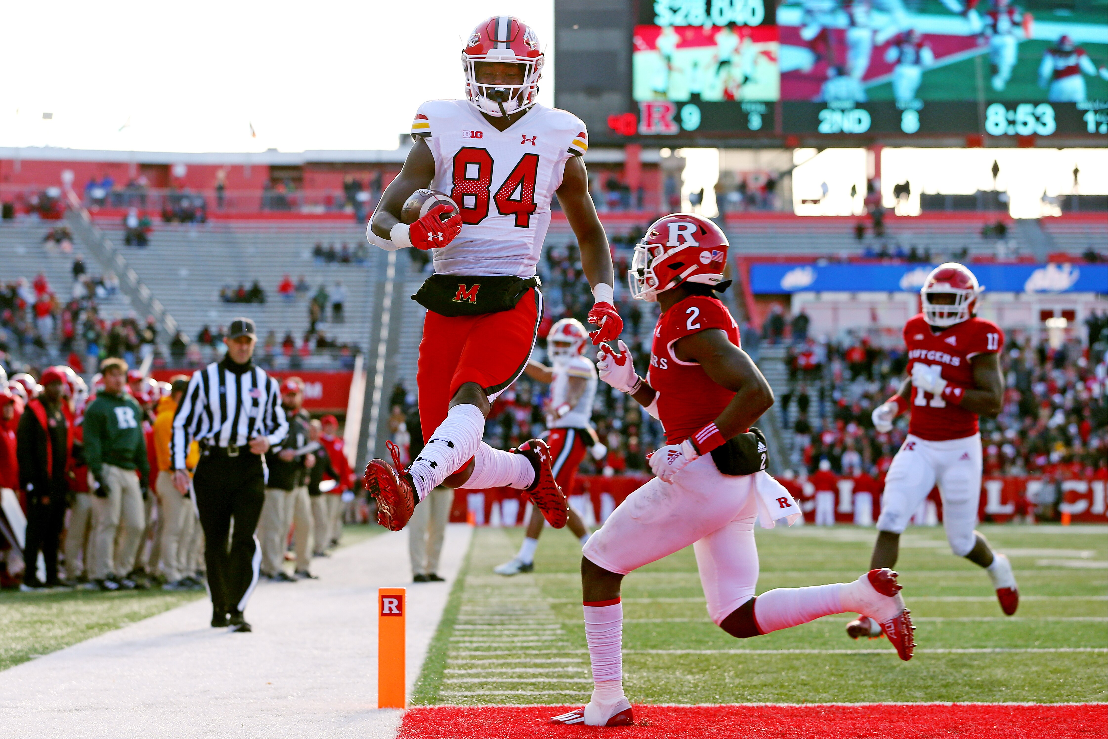 Expect tight end Corey Dyches, pictured scoring a touchdown against Rutgers in 2021, to continue to contribute heavily to the Terps' offense.