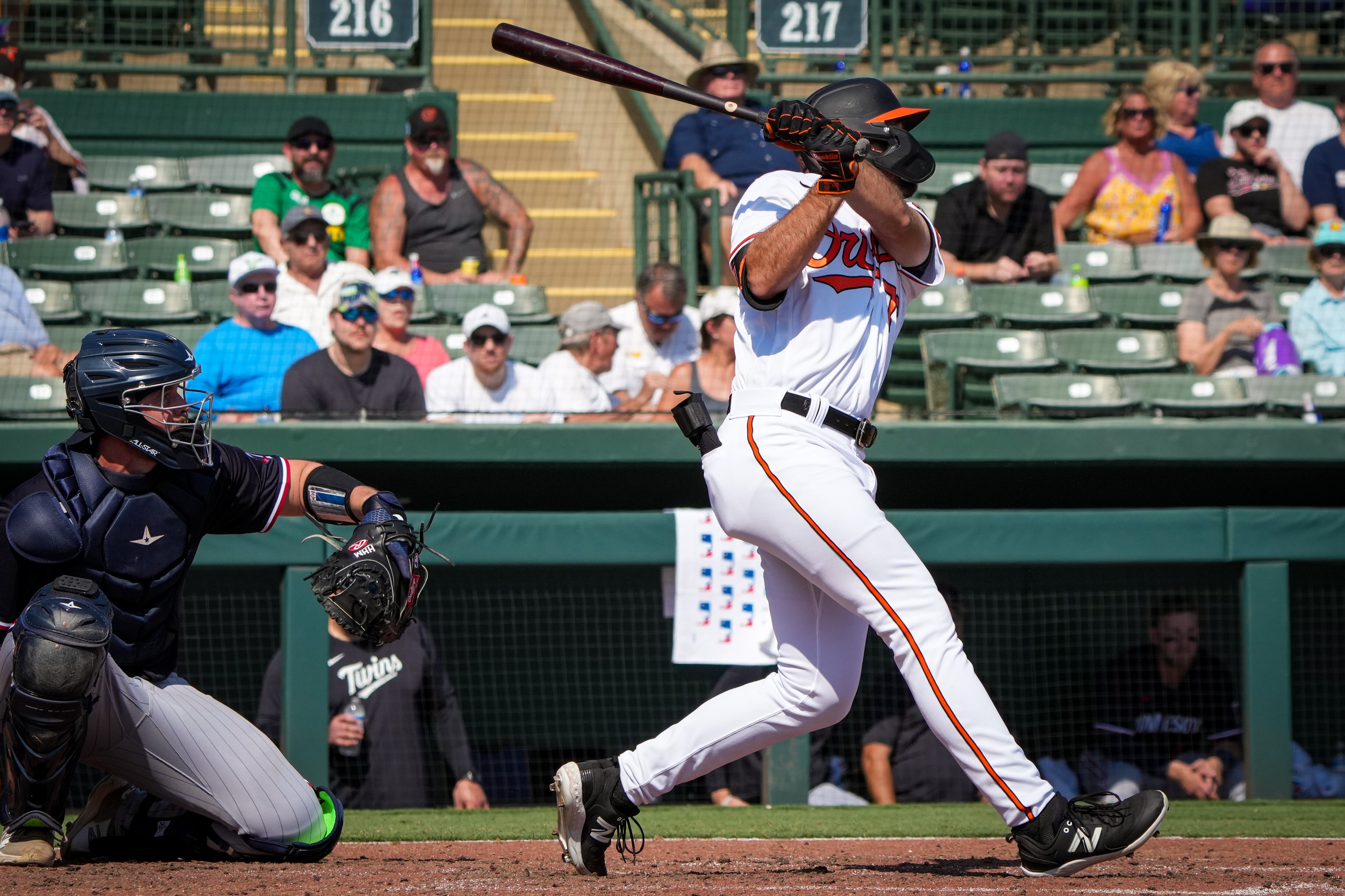 Colton Cowser (76) swings for the ball at Ed Smith Stadium during the fifth inning of a game against the Minnesota Twins on Feb. 25, 2023. The Baltimore Orioles hosted the Twins for their home opener as the Florida Grapefruit League started on Saturday.