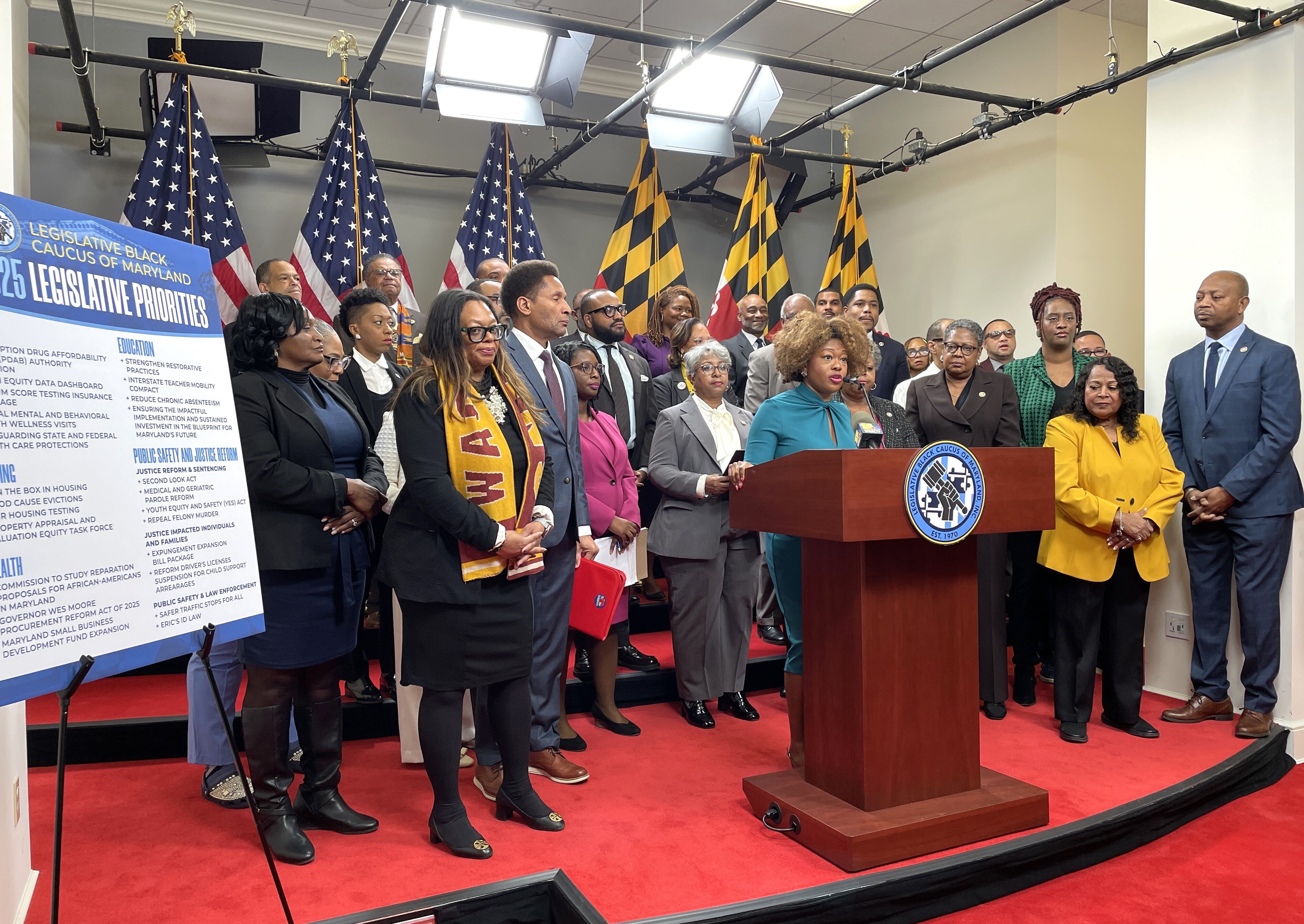 Del. Jheanelle Wilkins, a Montgomery County Democrat, leads a press conference for the Legislative Black Caucus of Maryland on Thursday, Jan. 16, 2025 in Annapolis.