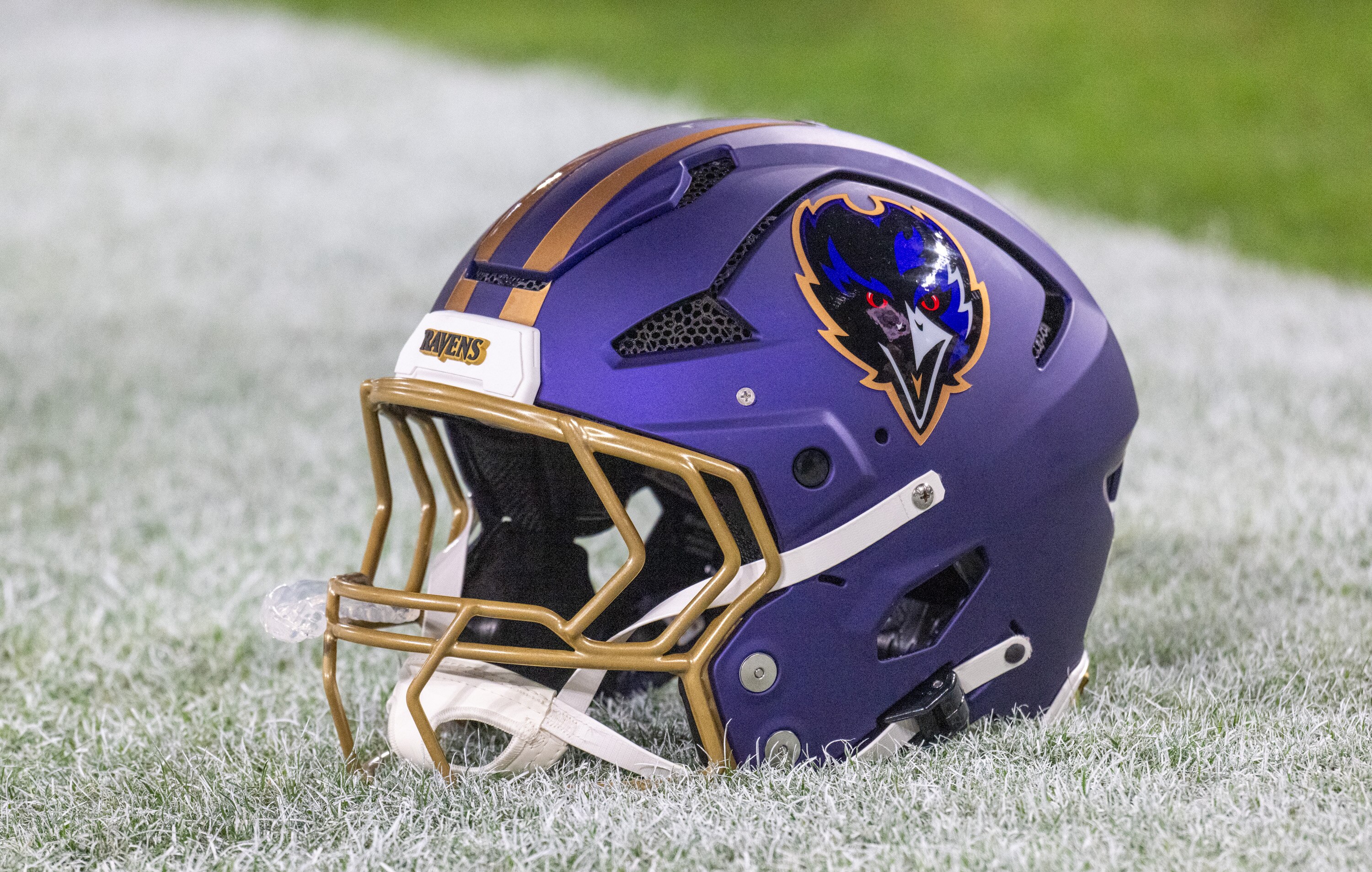 One of the Ravens’ alternate 'Purple Rising' helmets is seen on the field before the Baltimore Ravens host the Cincinnati Bengals Thursday night at M&T Bank Stadium.