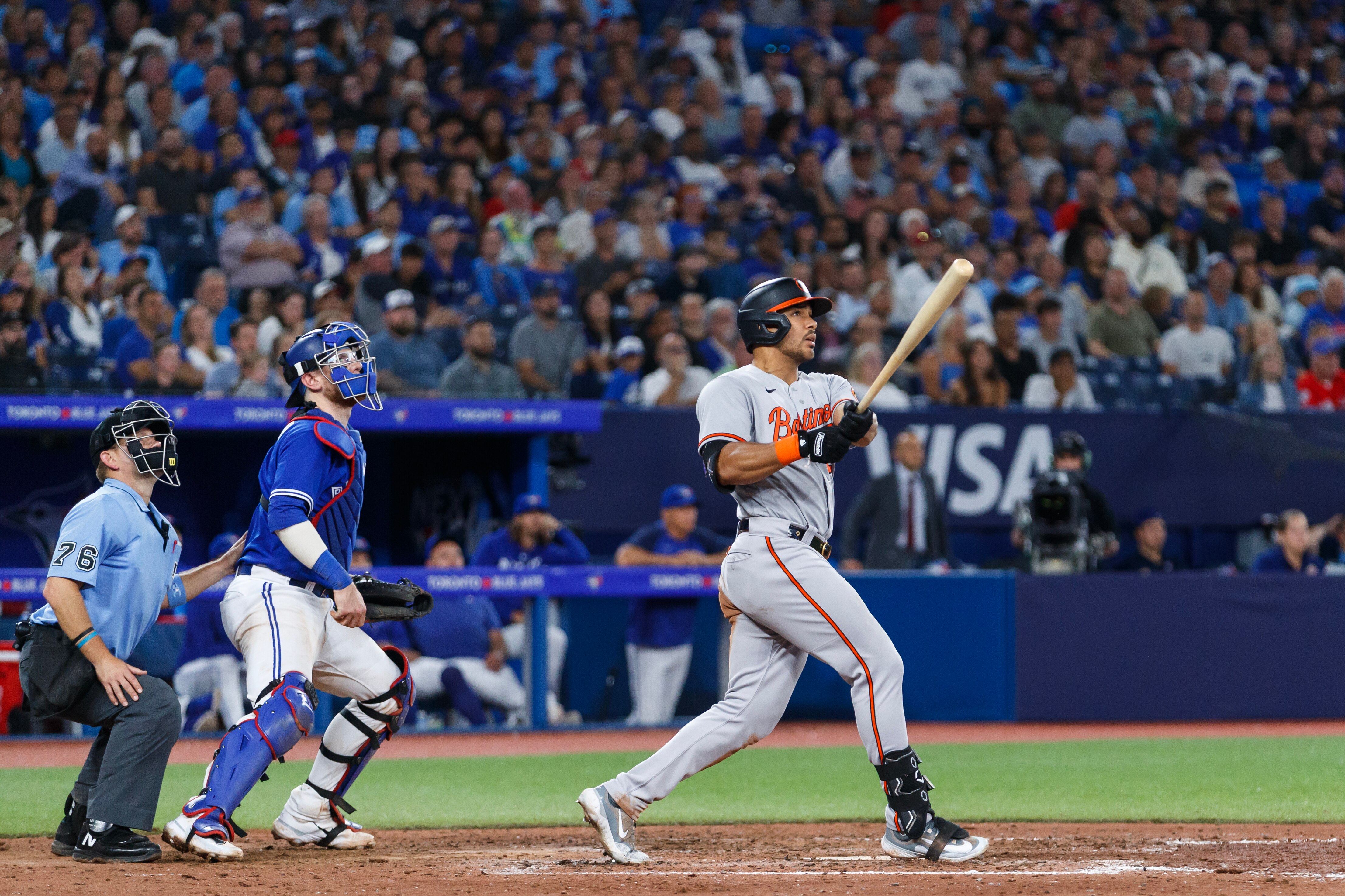 Anthony Santander #25 of the Baltimore Orioles hits a grand slam in the eighth inning of their MLB game against the Toronto Blue Jays at Rogers Centre on August 1, 2023 in Toronto, Canada.