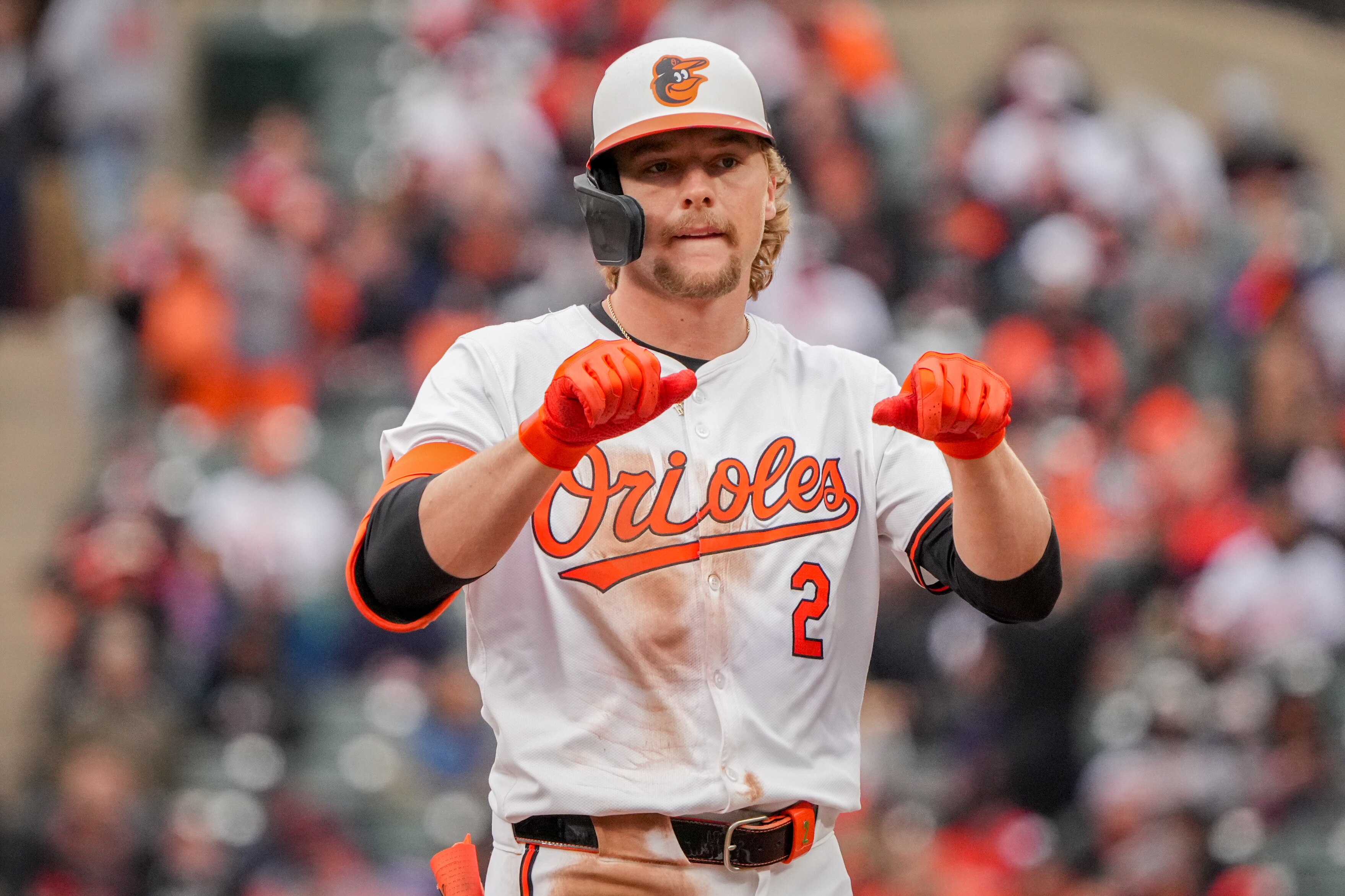 Baltimore Orioles shortstop Gunnar Henderson “revs the engine” in a game against the Los Angeles Angels on Opening Day at Camden Yards on Thursday, March 28, 2024. The Baltimore Orioles won their first game of the season, 11-3, against the Angels.