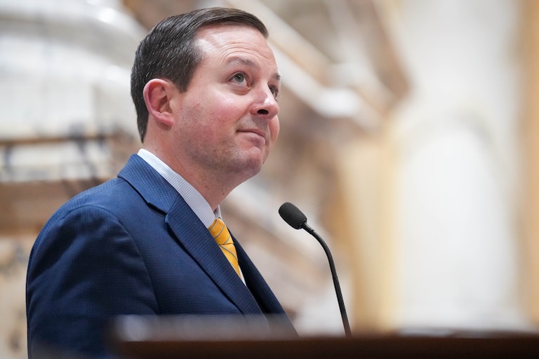 Senate President Bill Ferguson looks up at the voting board at the Maryland State House on Sine Die in Annapolis, Md. on Monday, April 7, 2025.