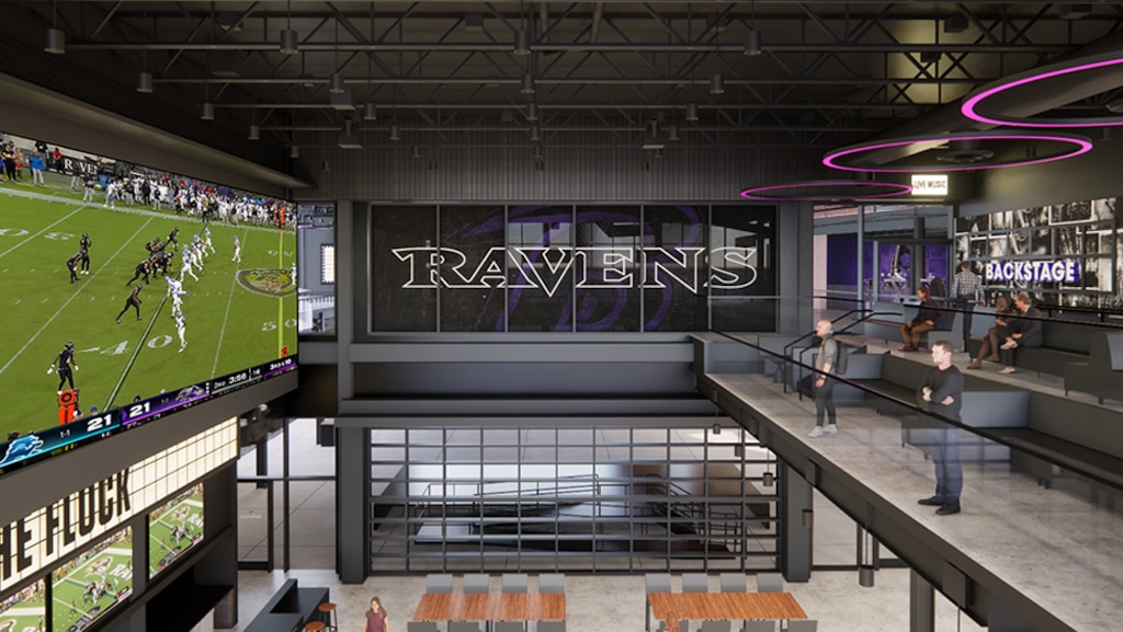 Renderings of renovations planned at M&T Bank Stadium, including Backstage, an indoor open-air space.