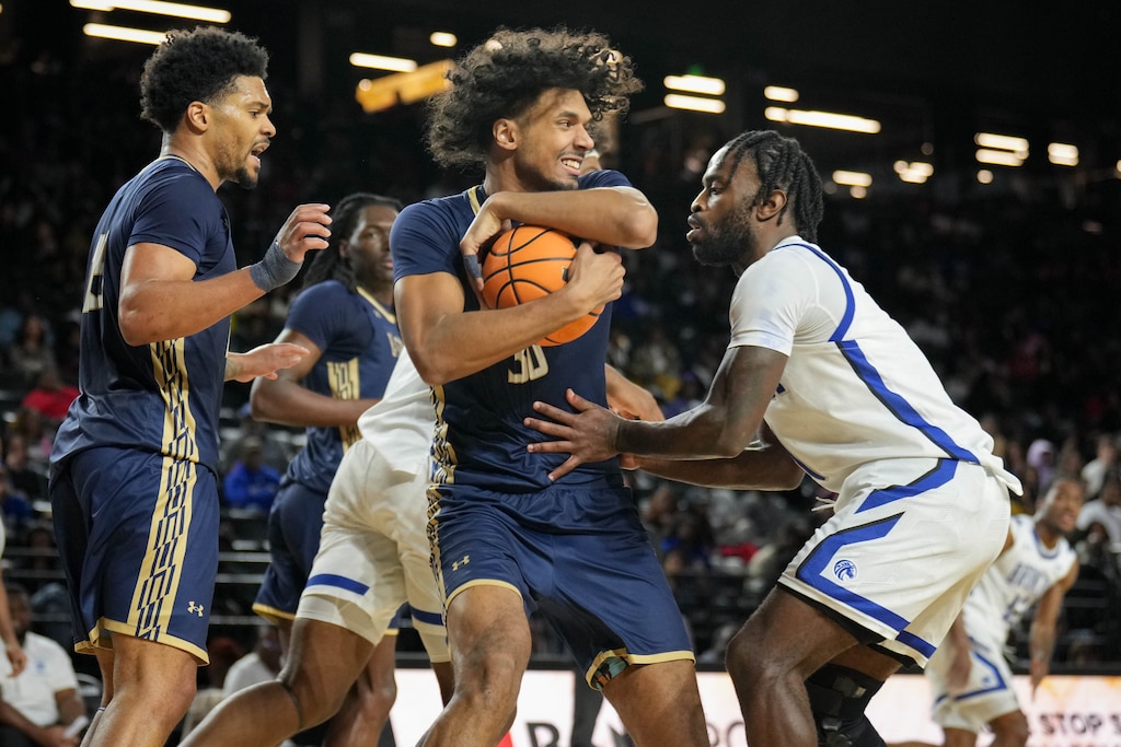 Bluefield State’s Anthony Davenport (30) grabs a rebound in the second half of the CIAA Men’s championship game in Baltimore, Md., on Saturday, February 28, 2026.
