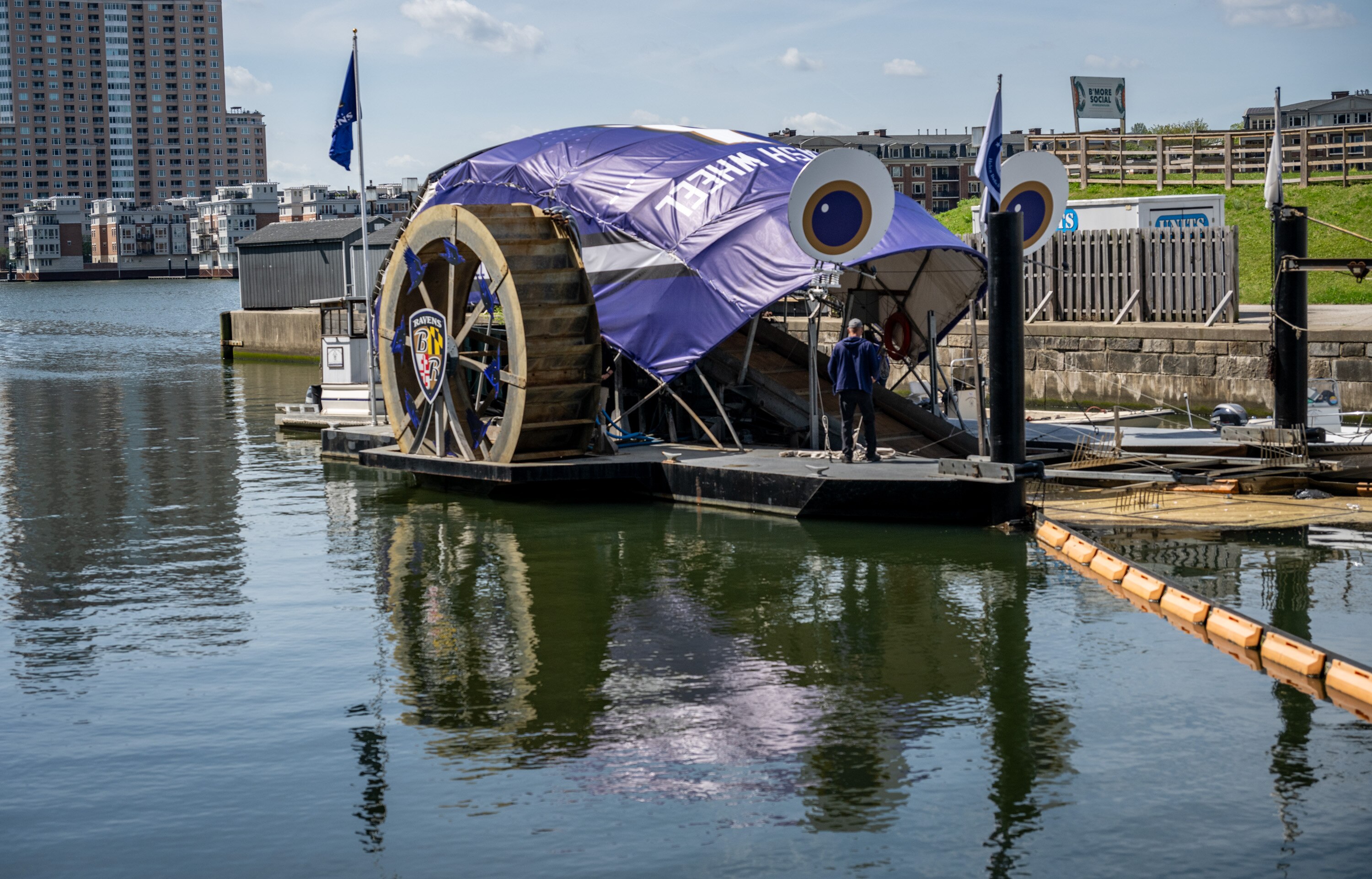 The Baltimore Ravens, The Stephen and Renee Bisciotti Foundation and Waterfront Partnership of Baltimore unveiled a new Ravens-themed look for Mr. Trash Wheel.