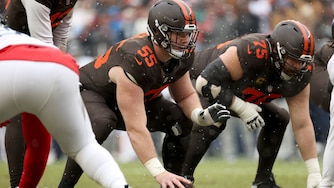 Former Cleveland Browns center Ethan Pocic (55) lines up for a play during a game against the Tennessee Titans on Dec. 7, 2025.