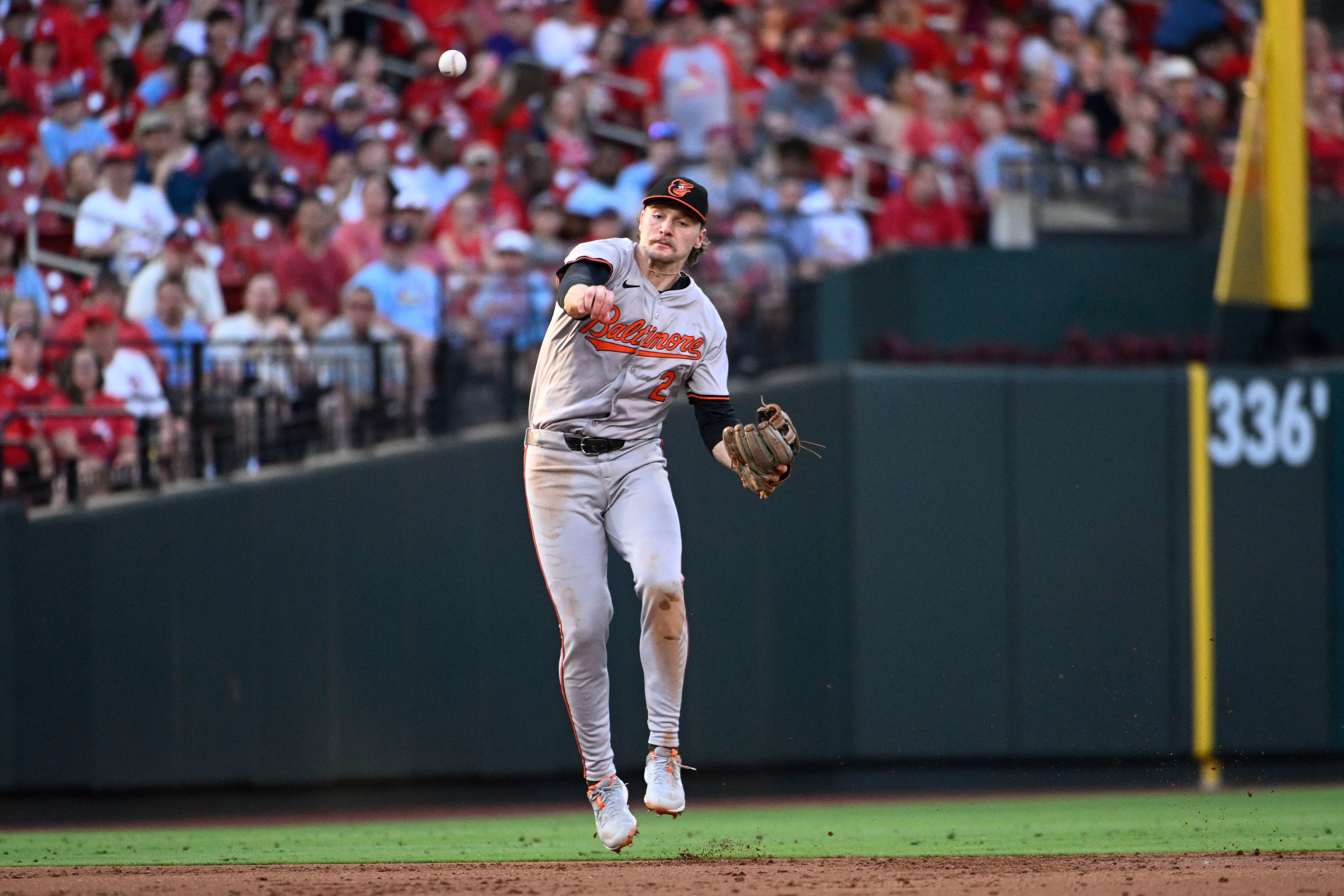 Baltimore Orioles shortstop Gunnar Henderson throws out St. Louis Cardinals’ Brendan Donovan at first base in the second inning of a baseball game, Monday, May 20, 2024, in St. Louis. (AP Photo/Joe Puetz)
