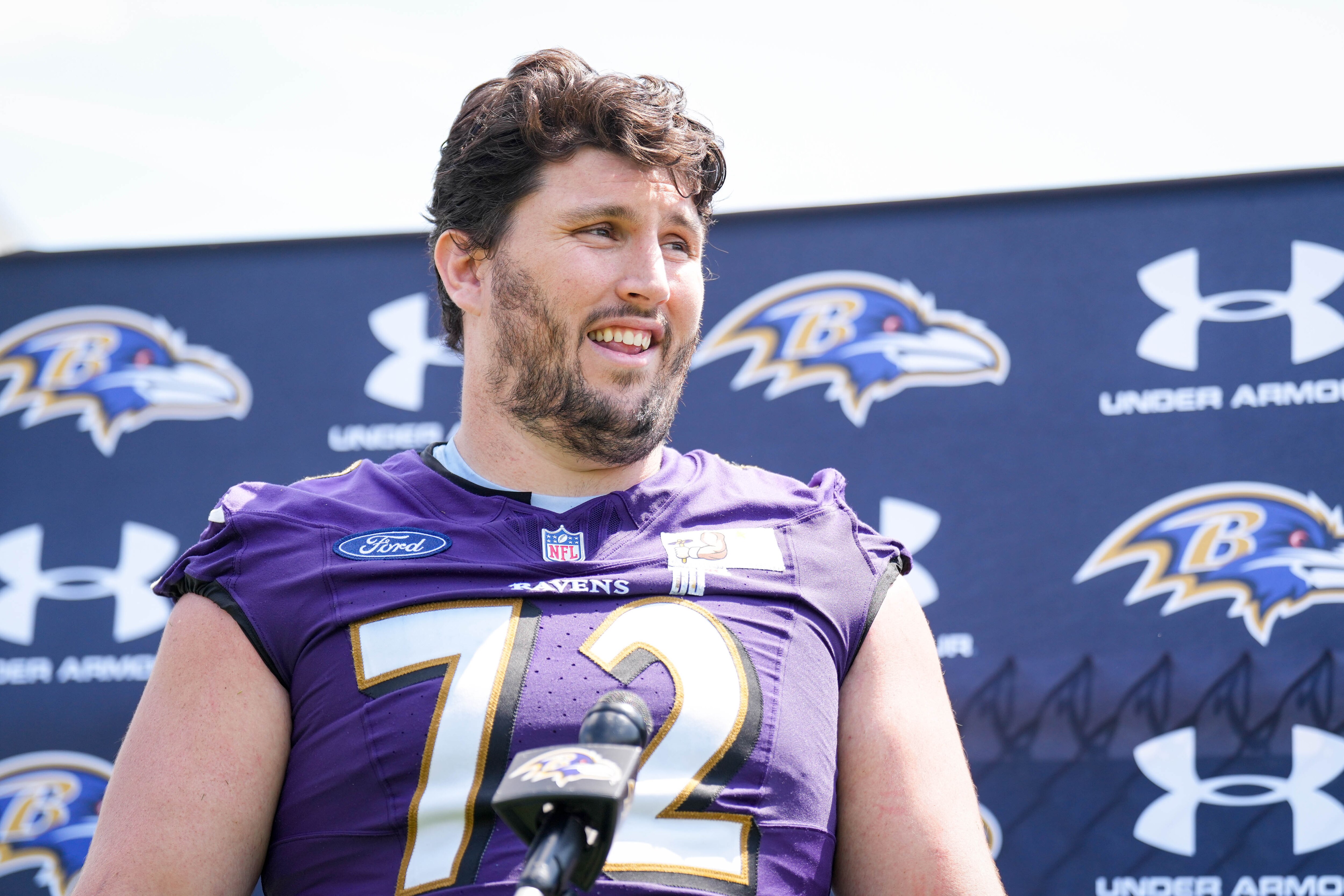 Guard Andrew Vorhees takes questions from reporters following the Ravens’ organized team activities Tuesday.