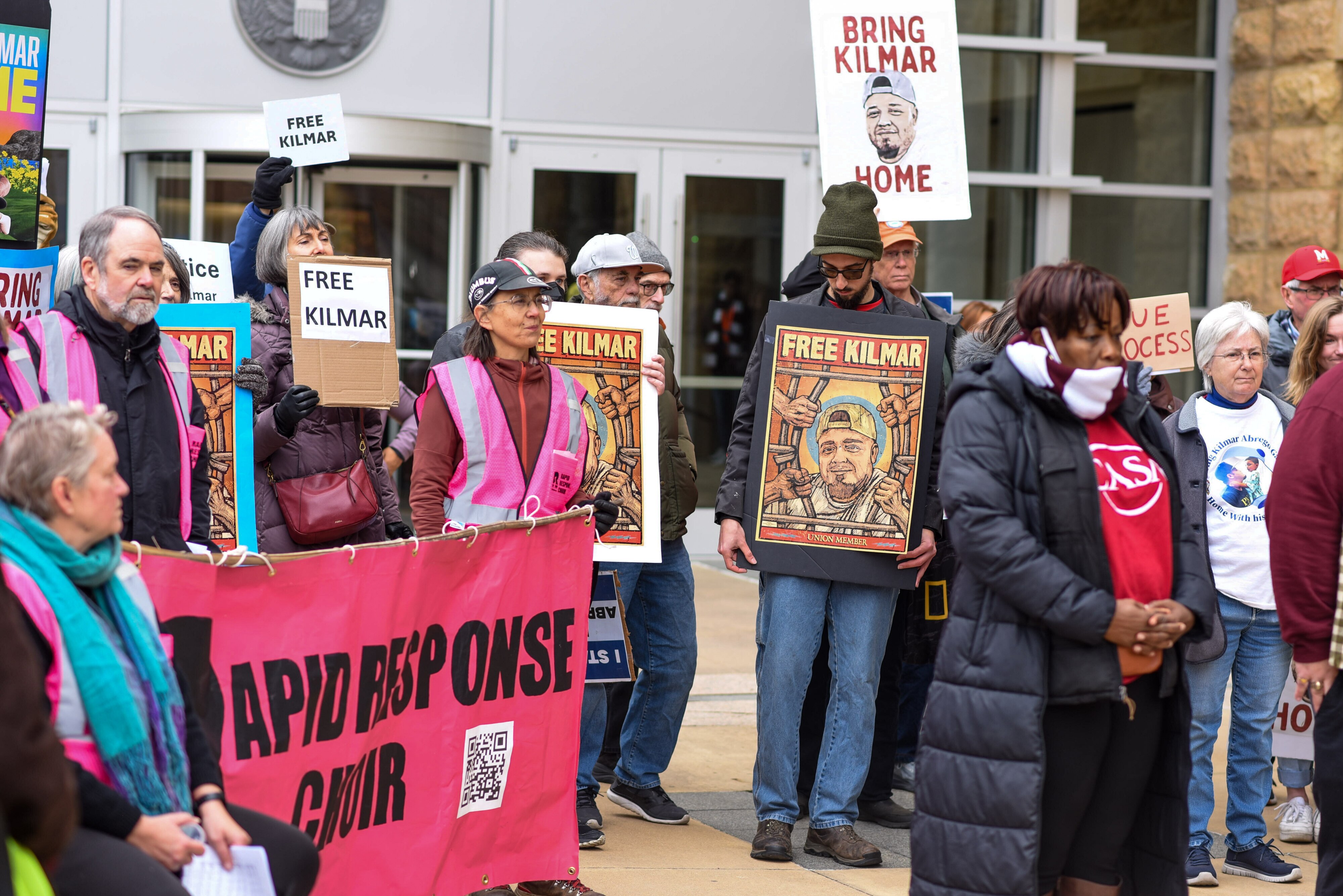 CASA holds a rally outside a hearing for Kilmar Abrego Garcia at the Greenbelt Federal Courthouse on Thursday.