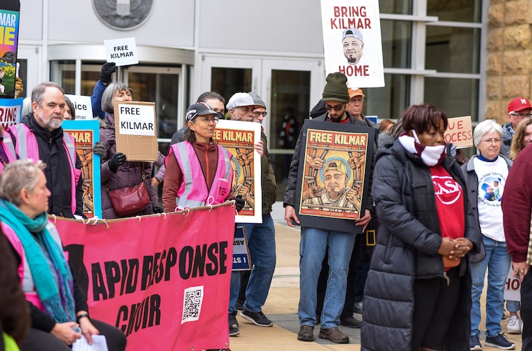 CASA holds a rally outside a hearing for Kilmar Abrego Garcia at the Greenbelt Federal Courthouse on Thursday.