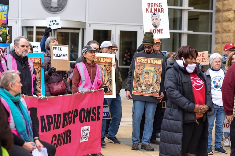 CASA holds a rally outside a hearing for Kilmar Abrego Garcia at the Greenbelt Federal Courthouse on Thursday.