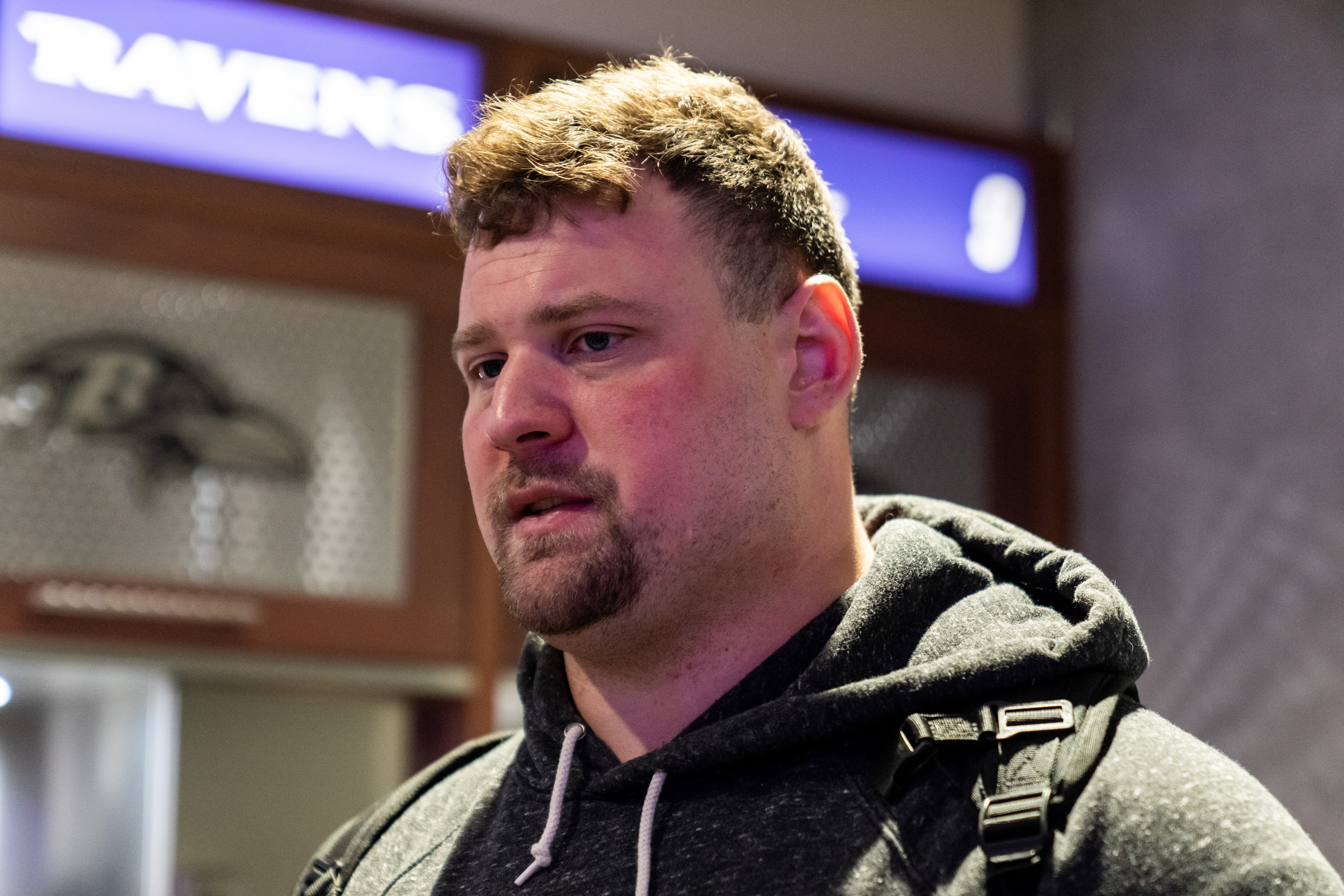 Ravens guard Kevin Zeitler speaks with the media during locker room clean-out on Monday, Jan. 29, 2024.