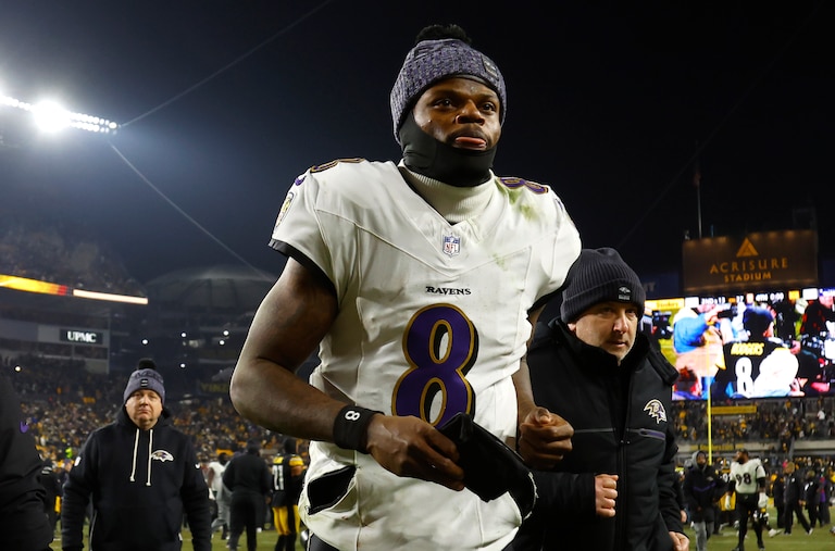 PITTSBURGH, PENNSYLVANIA - JANUARY 04: Lamar Jackson #8 of the Baltimore Ravens walks off the field after a loss to the Pittsburgh Steelers at Acrisure Stadium on January 04, 2026 in Pittsburgh, Pennsylvania.