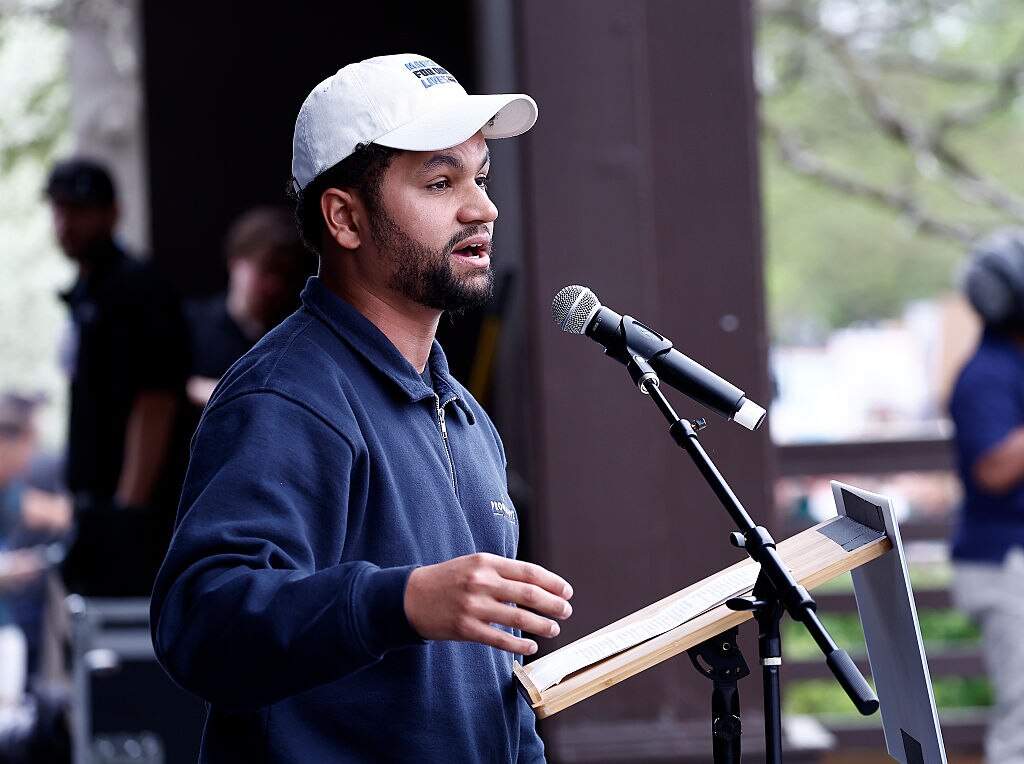 Rep. Maxwell Frost speaks during the Hands Off! day of action against the Trump administration and Elon Musk.