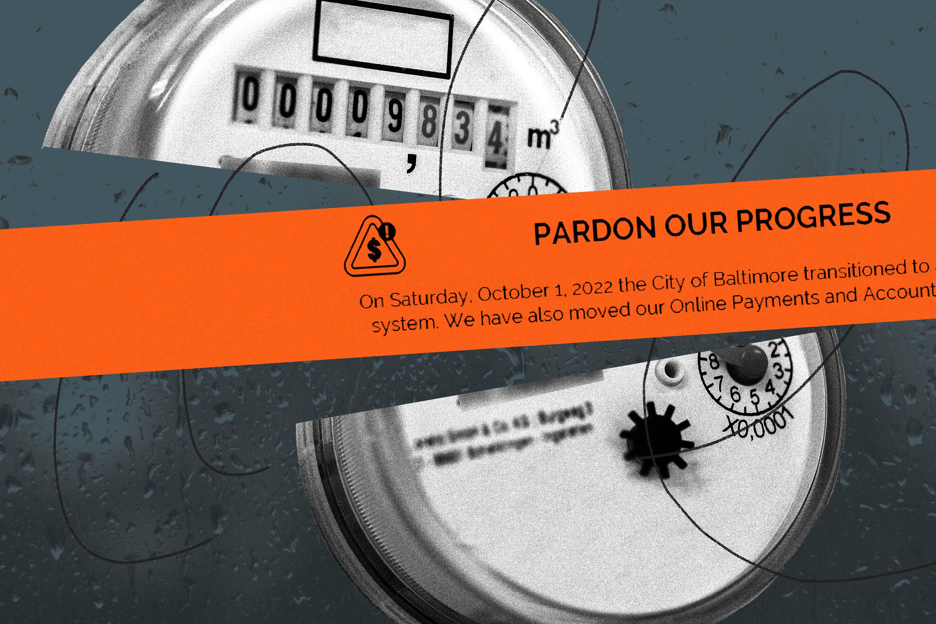 Photo collage of water meter cut in half by warning message that says "Pardon our Progress."